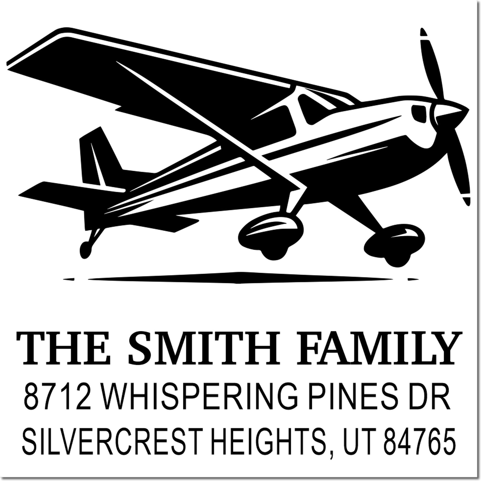 Custom family address stamp with black airplane silhouette, The Smith Family, and Silvercrest Heights, Utah address on white background.