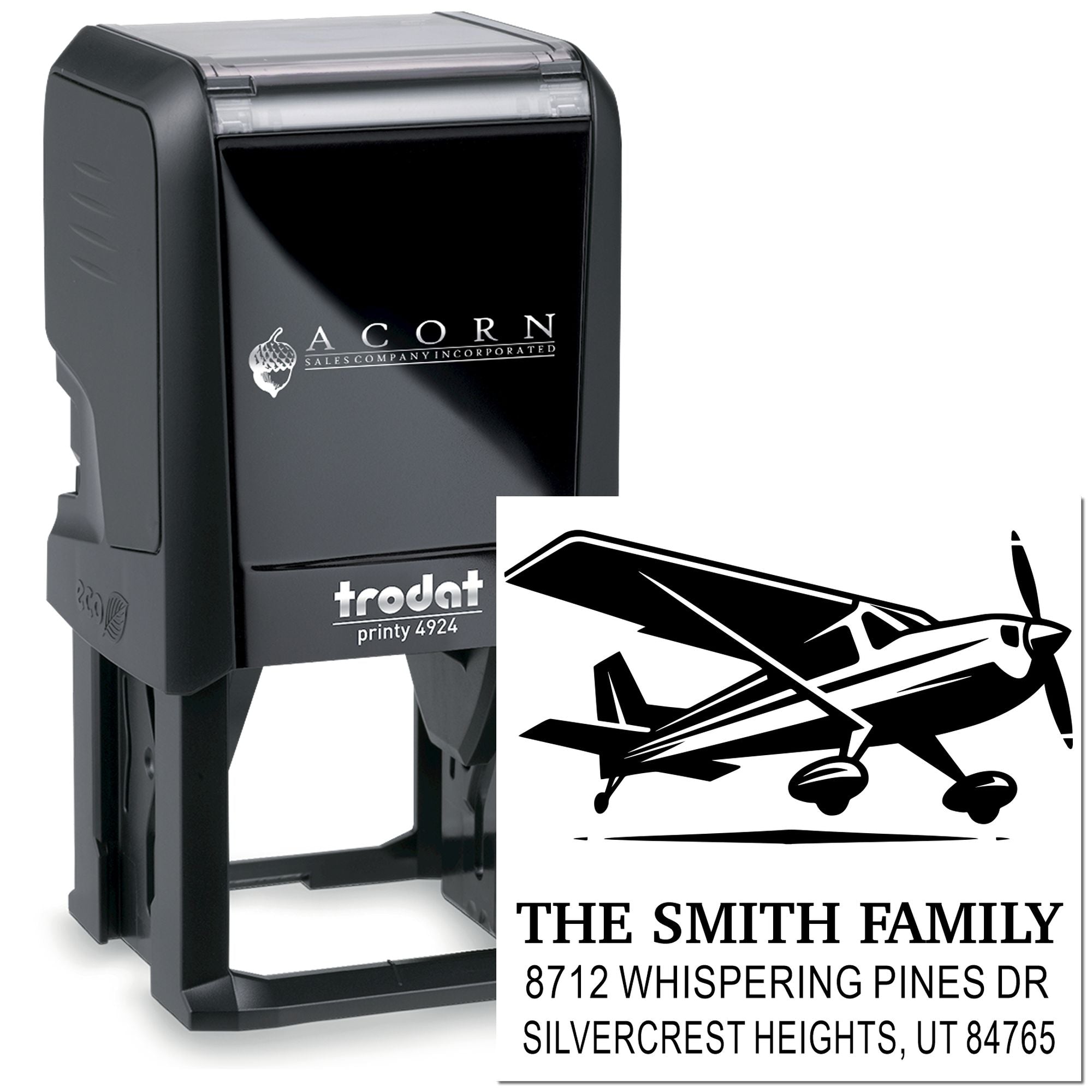 Custom self-inking address stamp with airplane silhouette logo for The Smith Family, featuring Silvercrest Heights, UT address on white background.