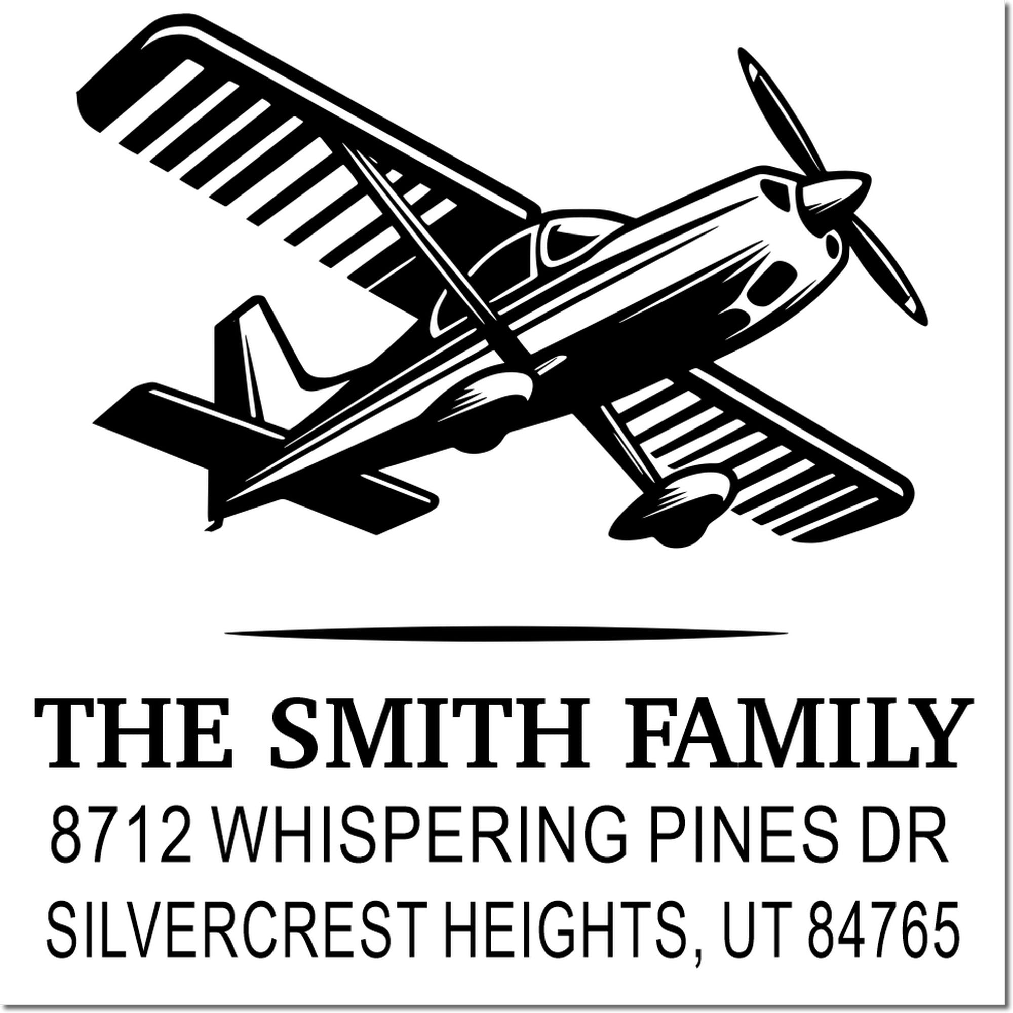 Custom address stamp with airplane graphic and family name, The Smith Family, 8712 Whispering Pines Dr, Silvercrest Heights, UT 84765.