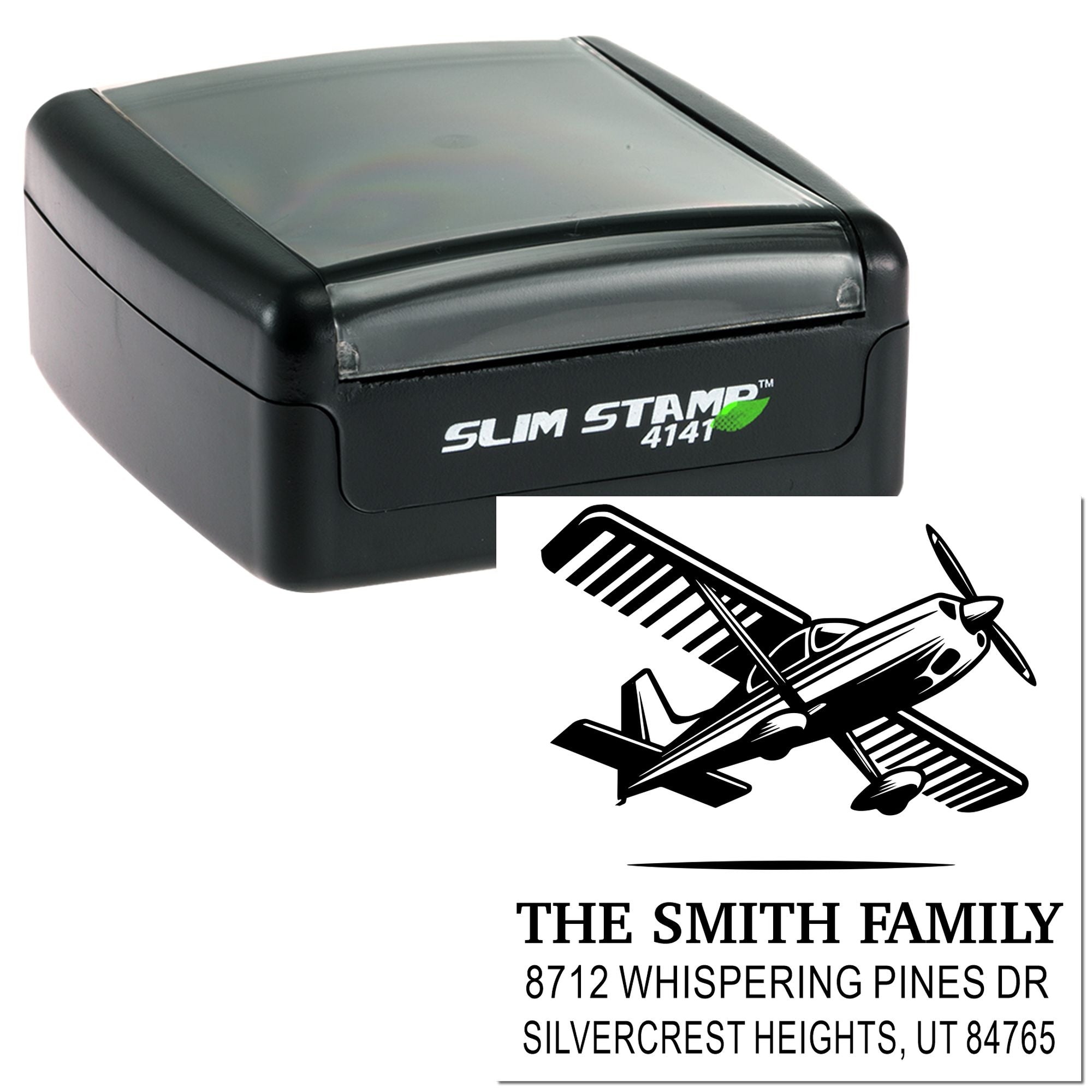 Slim self-inking address stamp featuring airplane logo and The Smith Family return address on white background.