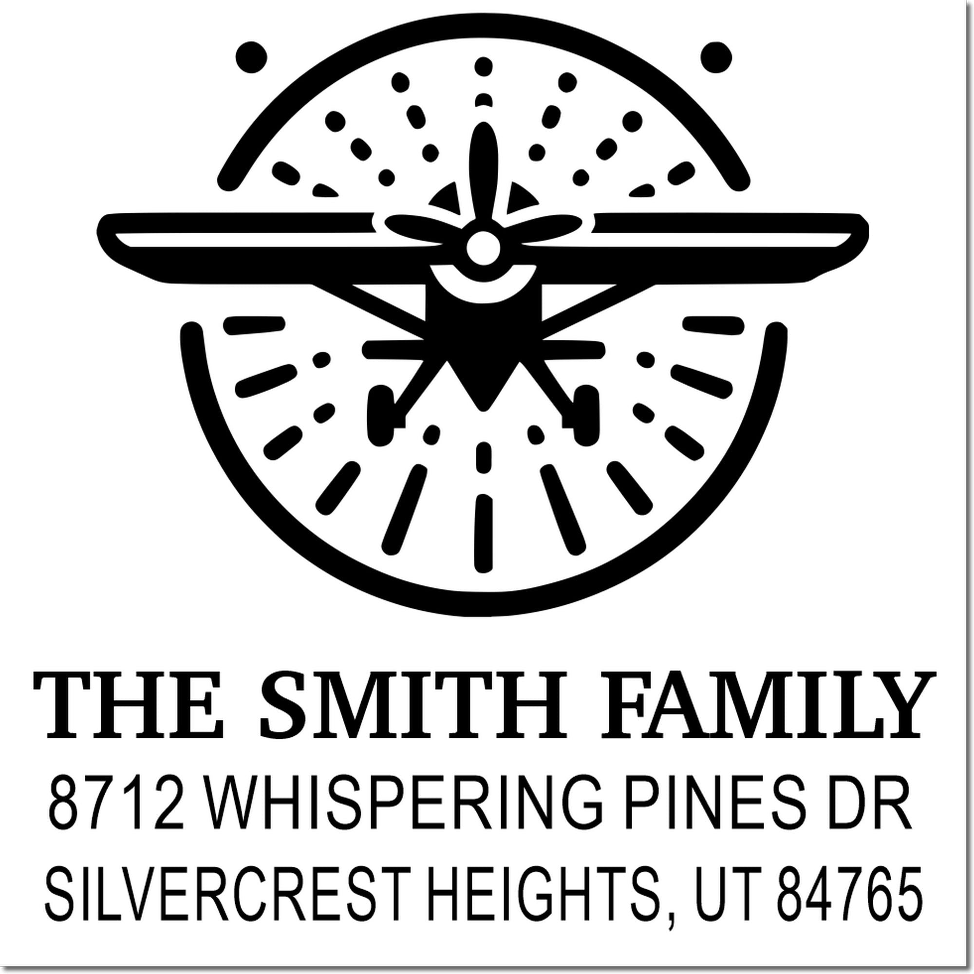 Custom family return address stamp with airplane emblem, reading The Smith Family, 8712 Whispering Pines Dr, Silvercrest Heights, UT 84765.