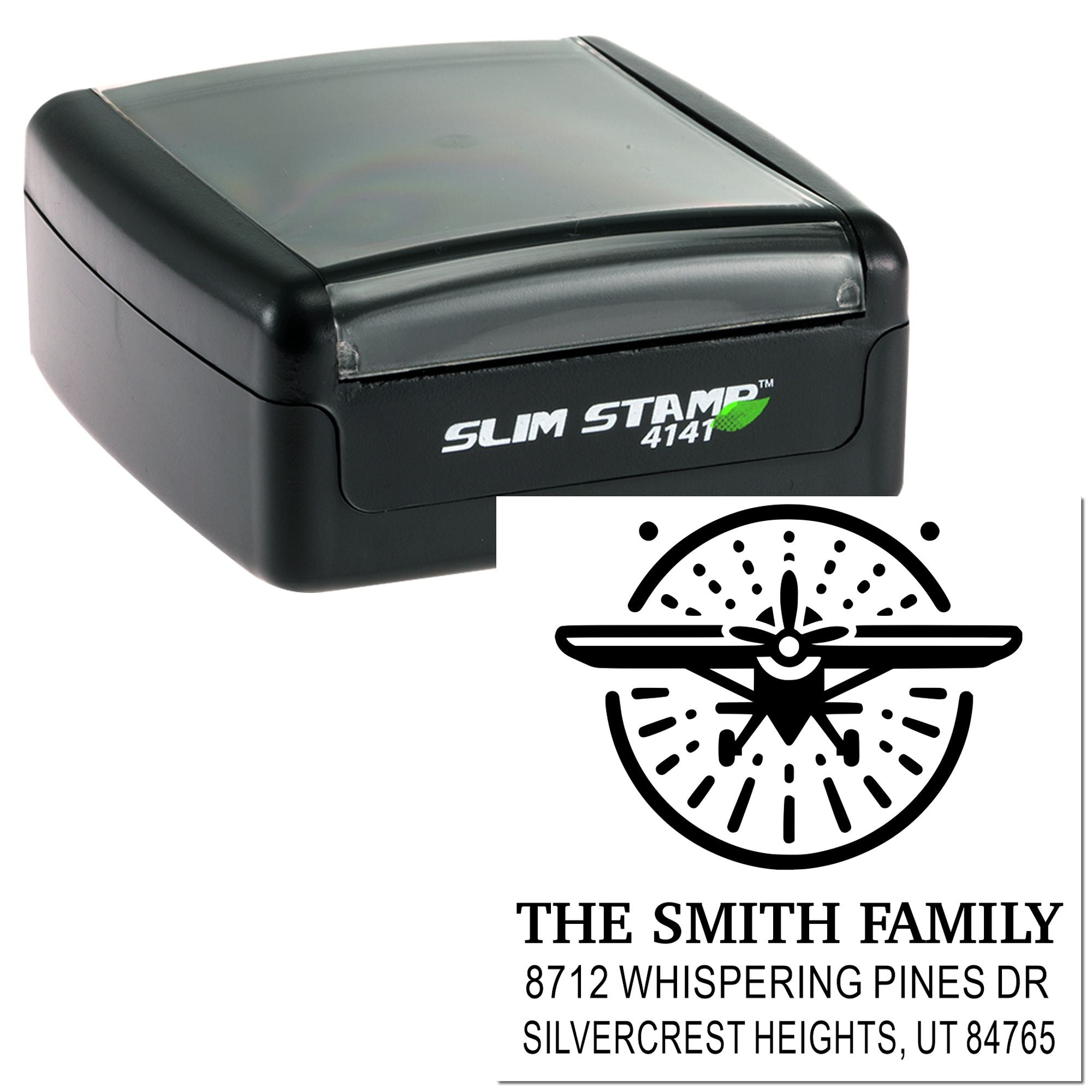 Self-inking Slim Stamp 4141 custom return address stamp with airplane logo and Smith Family address imprint on white background.