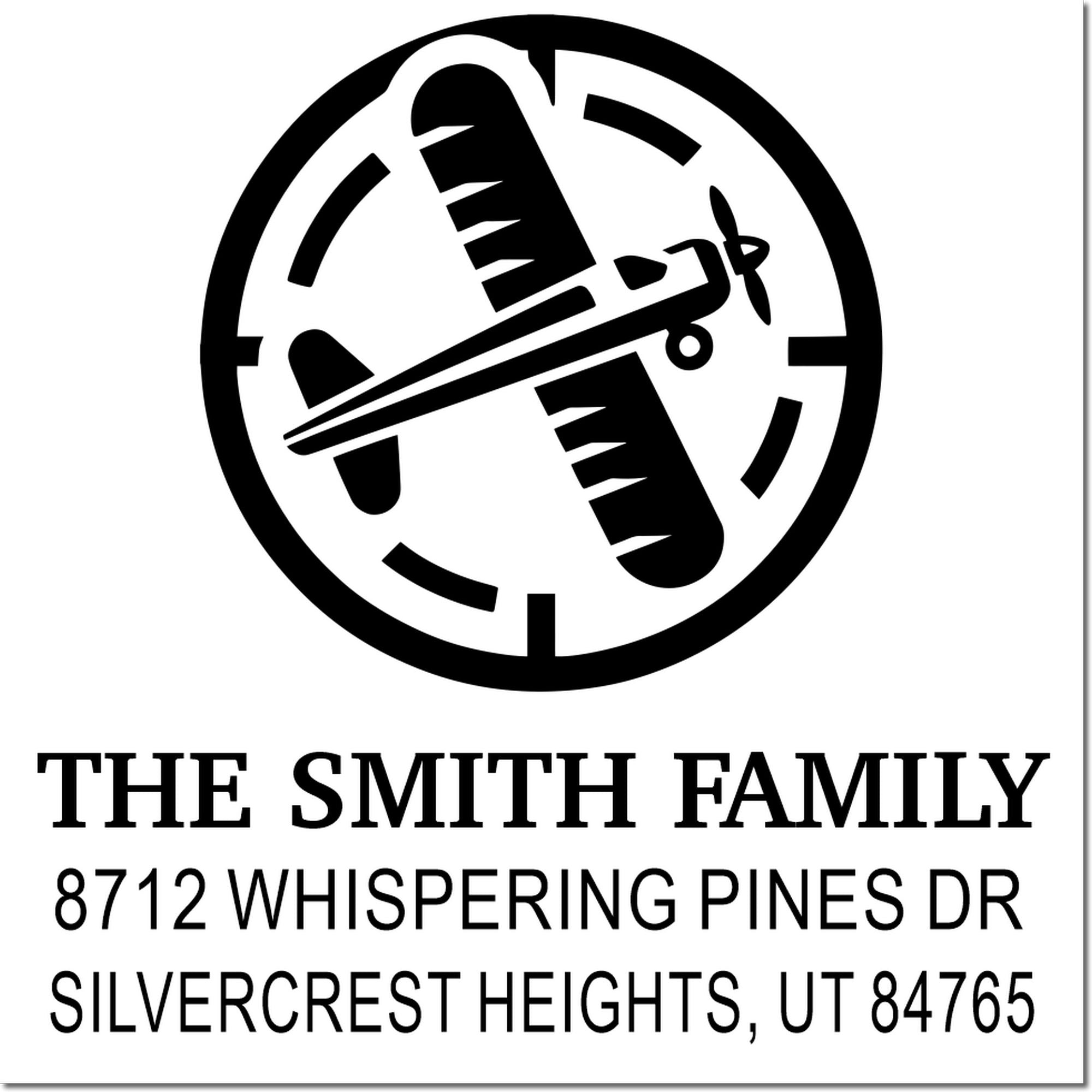 Custom address stamp with airplane logo for The Smith Family, 8712 Whispering Pines Dr, Silvercrest Heights, UT 84765.