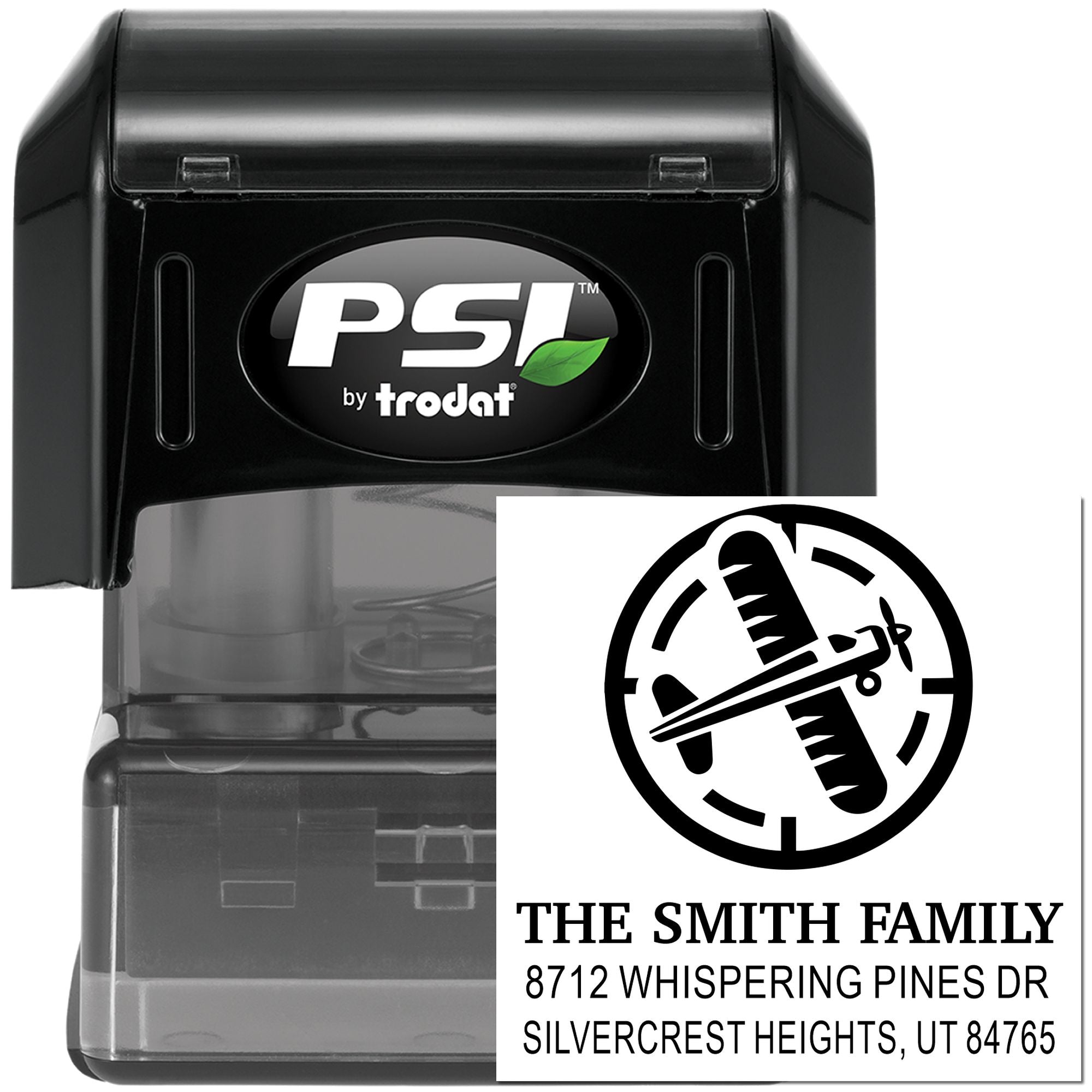 PSI by Trodat self-inking address stamp with airplane logo and The Smith Family return address, shown on a white background.