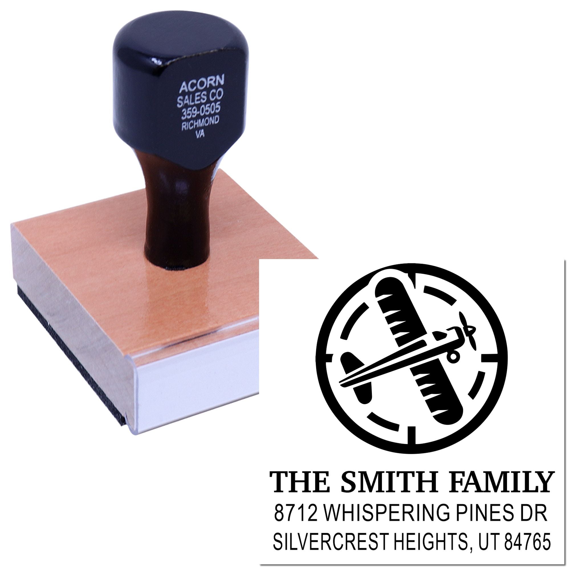 Custom address stamp on wooden block, showing The Smith Family logo and return address imprint for home mailing.