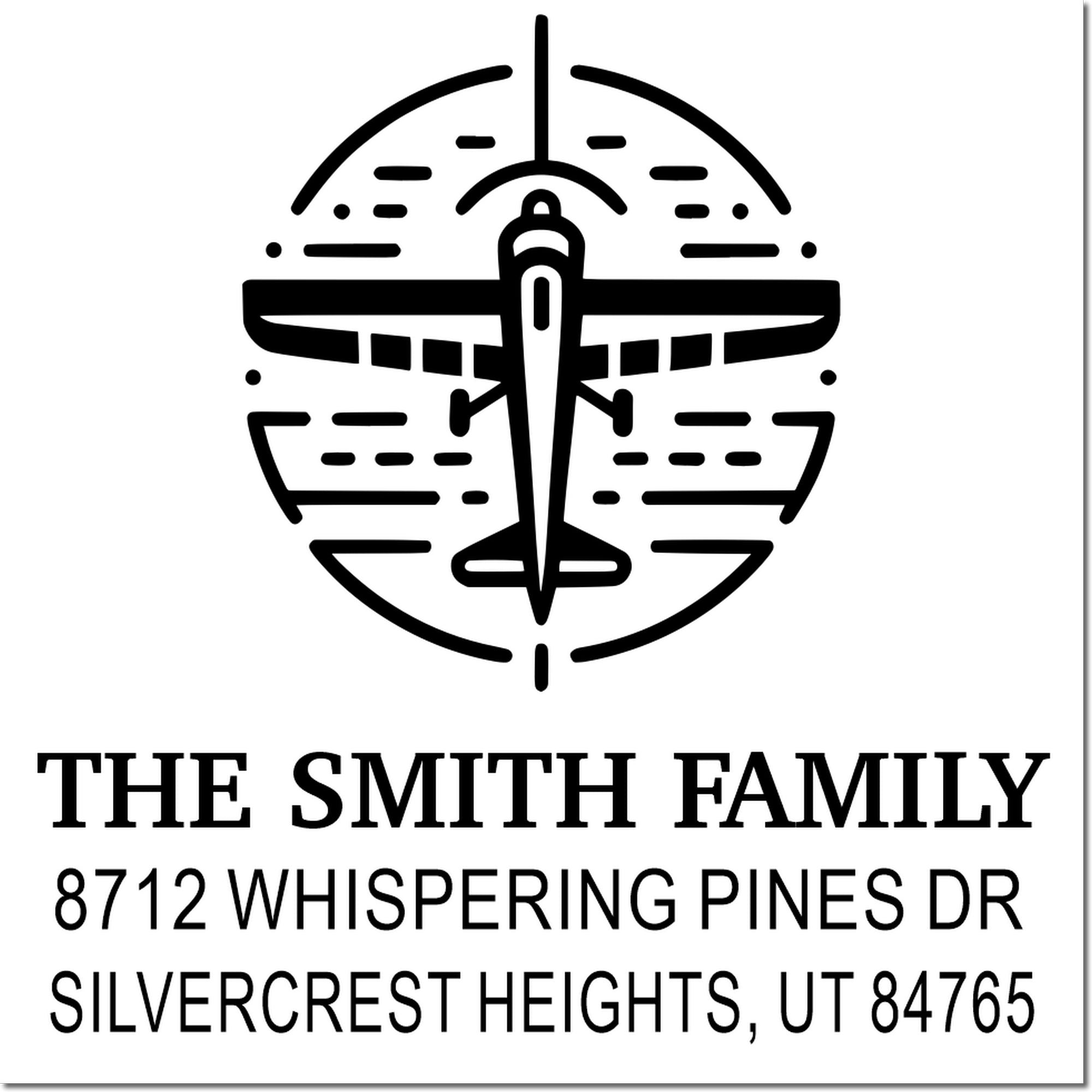 Custom family address stamp with airplane logo, The Smith Family, 8712 Whispering Pines Dr, Silvercrest Heights, UT 84765.