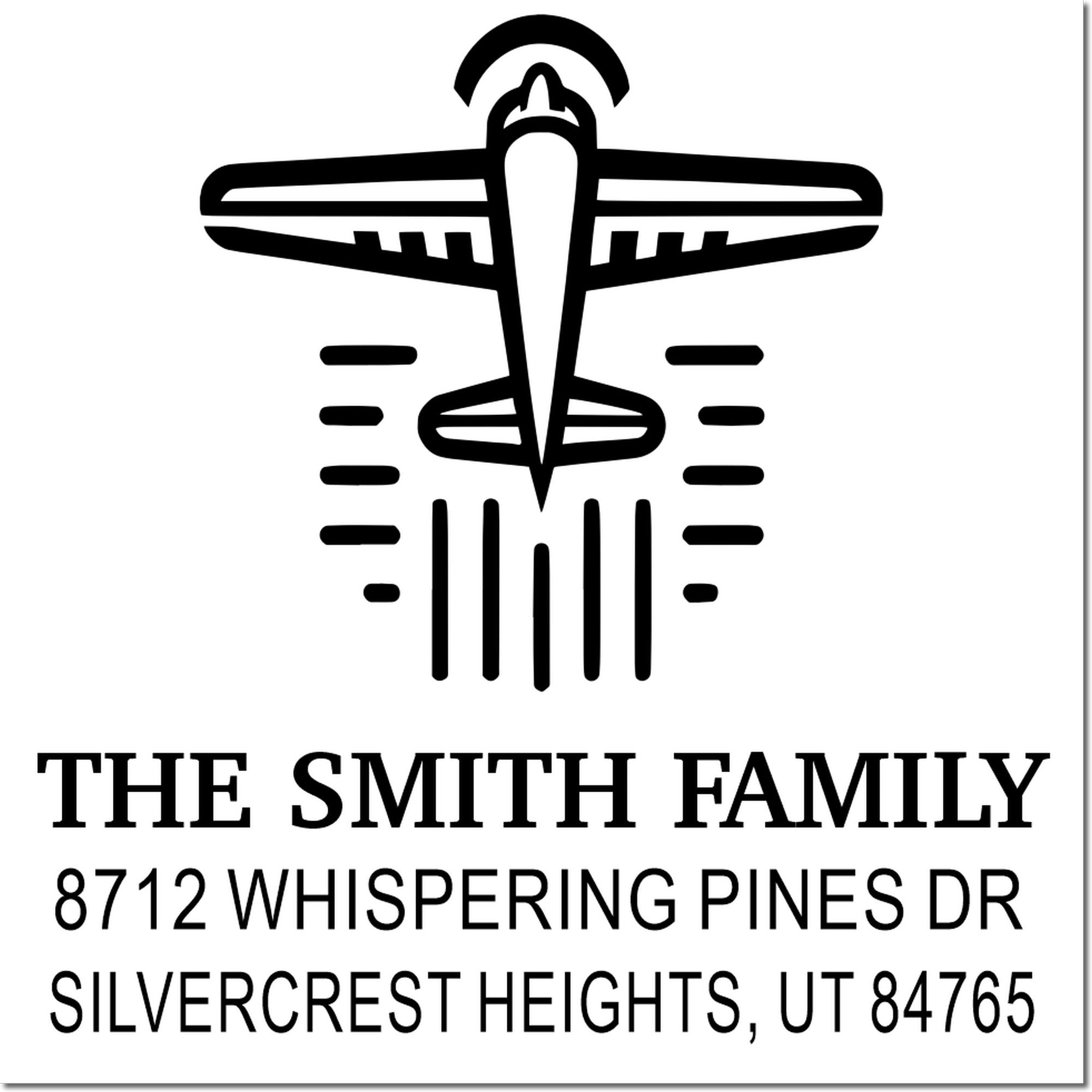 Custom address stamp with airplane logo, reading The Smith Family, 8712 Whispering Pines Dr, Silvercrest Heights, UT 84765.