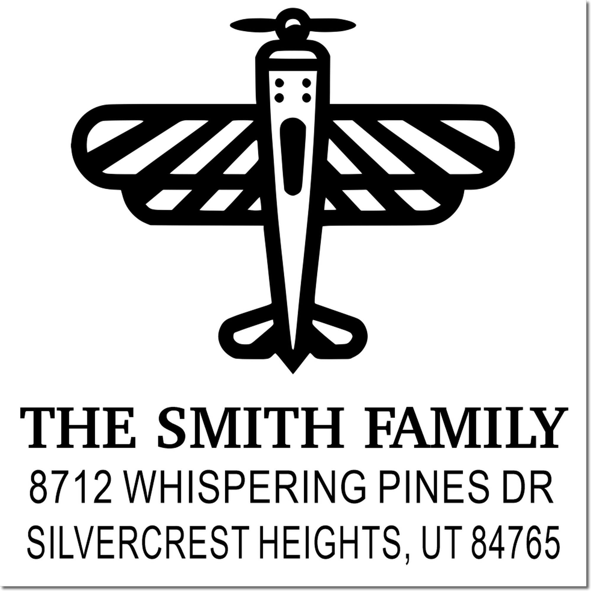 Custom airplane address stamp featuring black aircraft icon, The Smith Family, 8712 Whispering Pines Dr, Silvercrest Heights, UT 84765.
