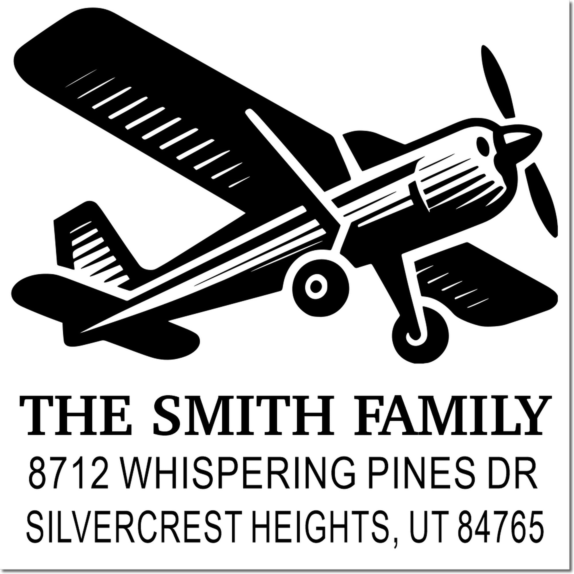 Custom family address stamp with black airplane silhouette and the Smith family address: 8712 Whispering Pines Dr, Silvercrest Heights, UT 84765.