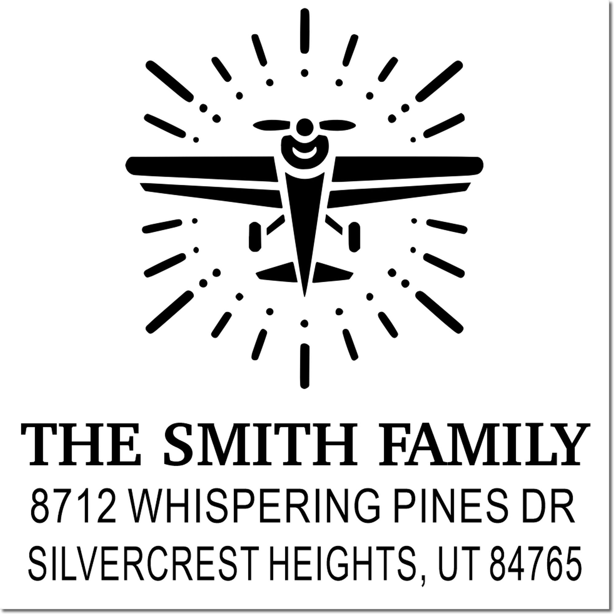 Custom self-inking address stamp for The Smith Family with dragonfly logo, 8712 Whispering Pines Dr, Silvercrest Heights, UT 84765.