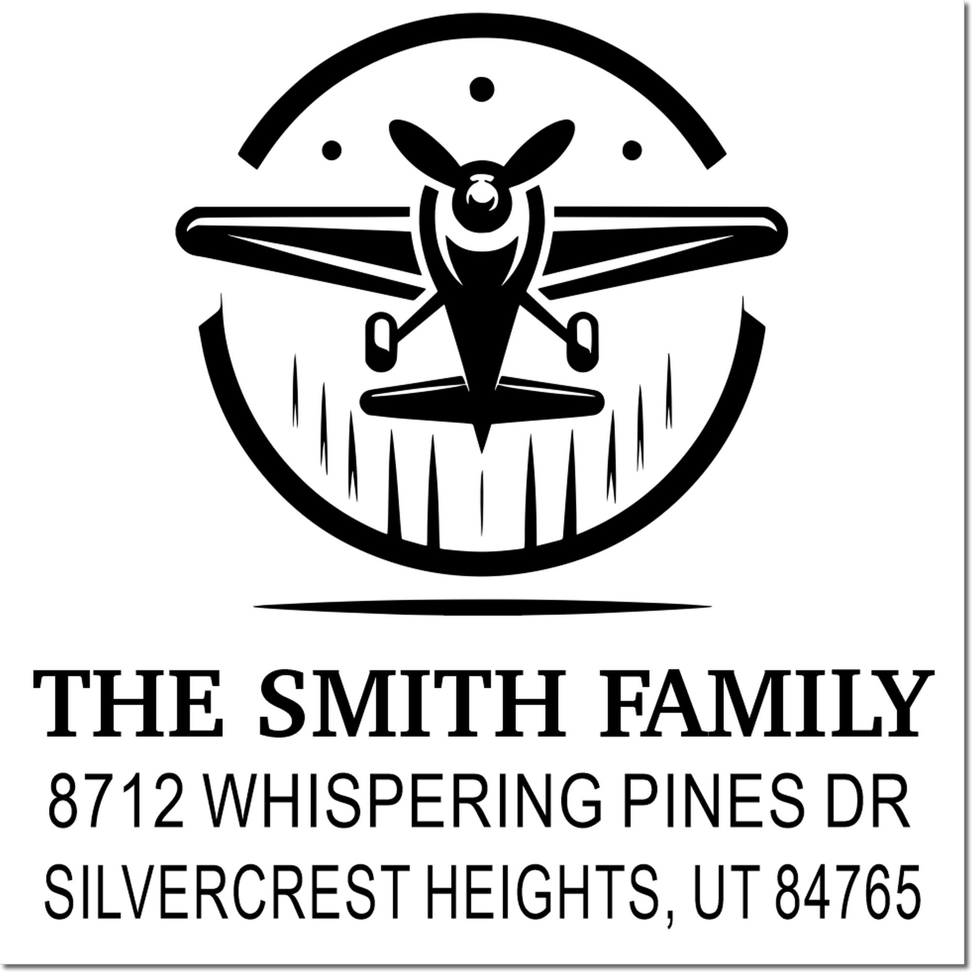Custom family address stamp with airplane emblem, reading The Smith Family, 8712 Whispering Pines Dr, Silvercrest Heights, UT 84765