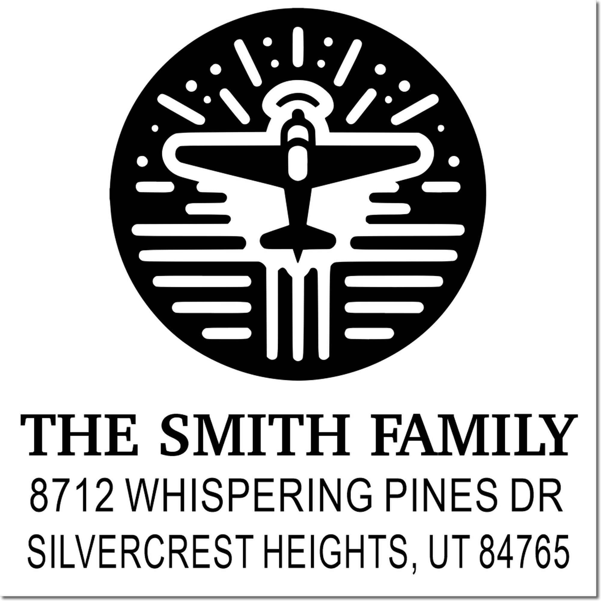 Custom family address stamp with airplane emblem, reading The Smith Family, 8712 Whispering Pines Dr, Silvercrest Heights, UT 84765.