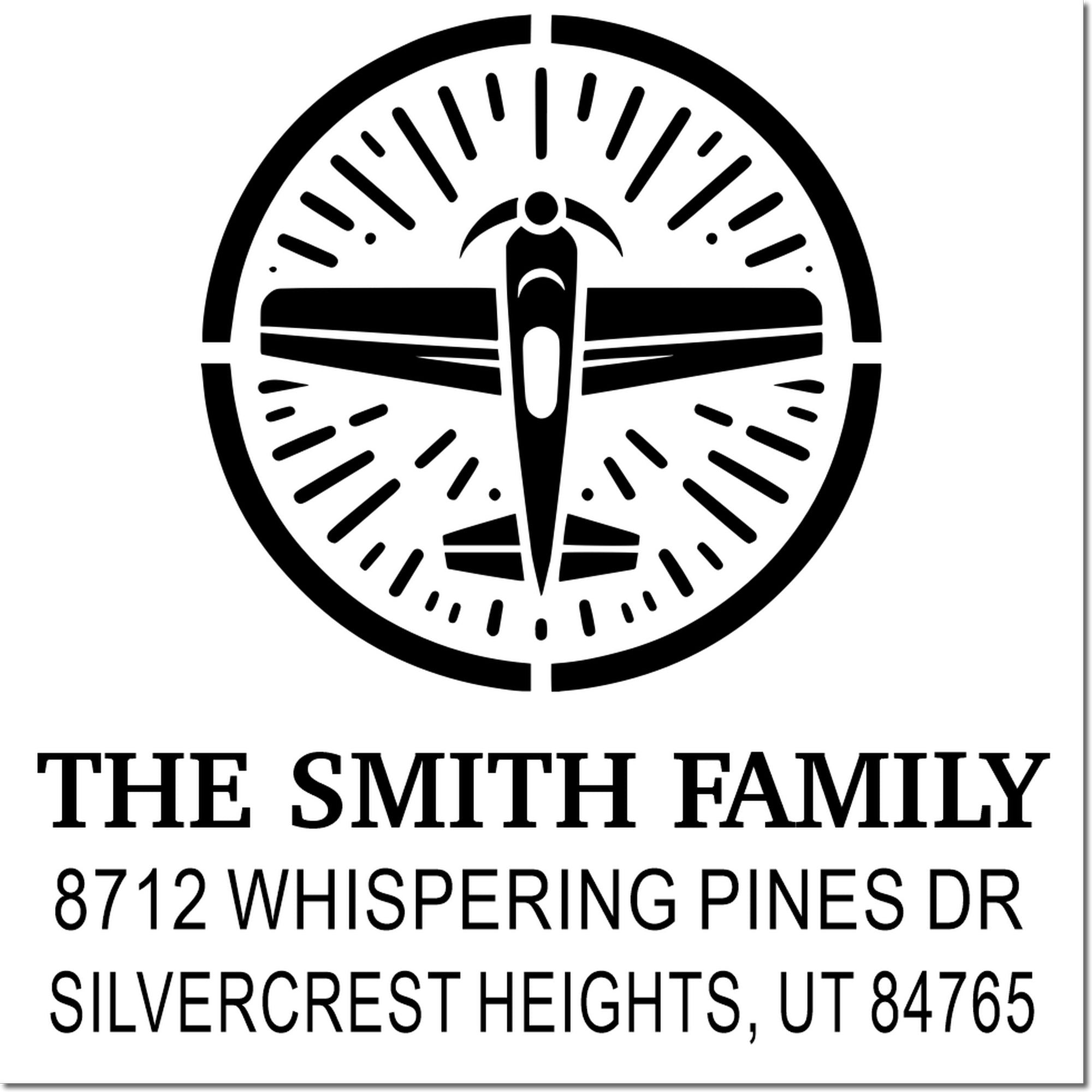 Custom family address stamp with black bird logo, The Smith Family, and address: 8712 Whispering Pines Dr, Silvercrest Heights, UT 84765.