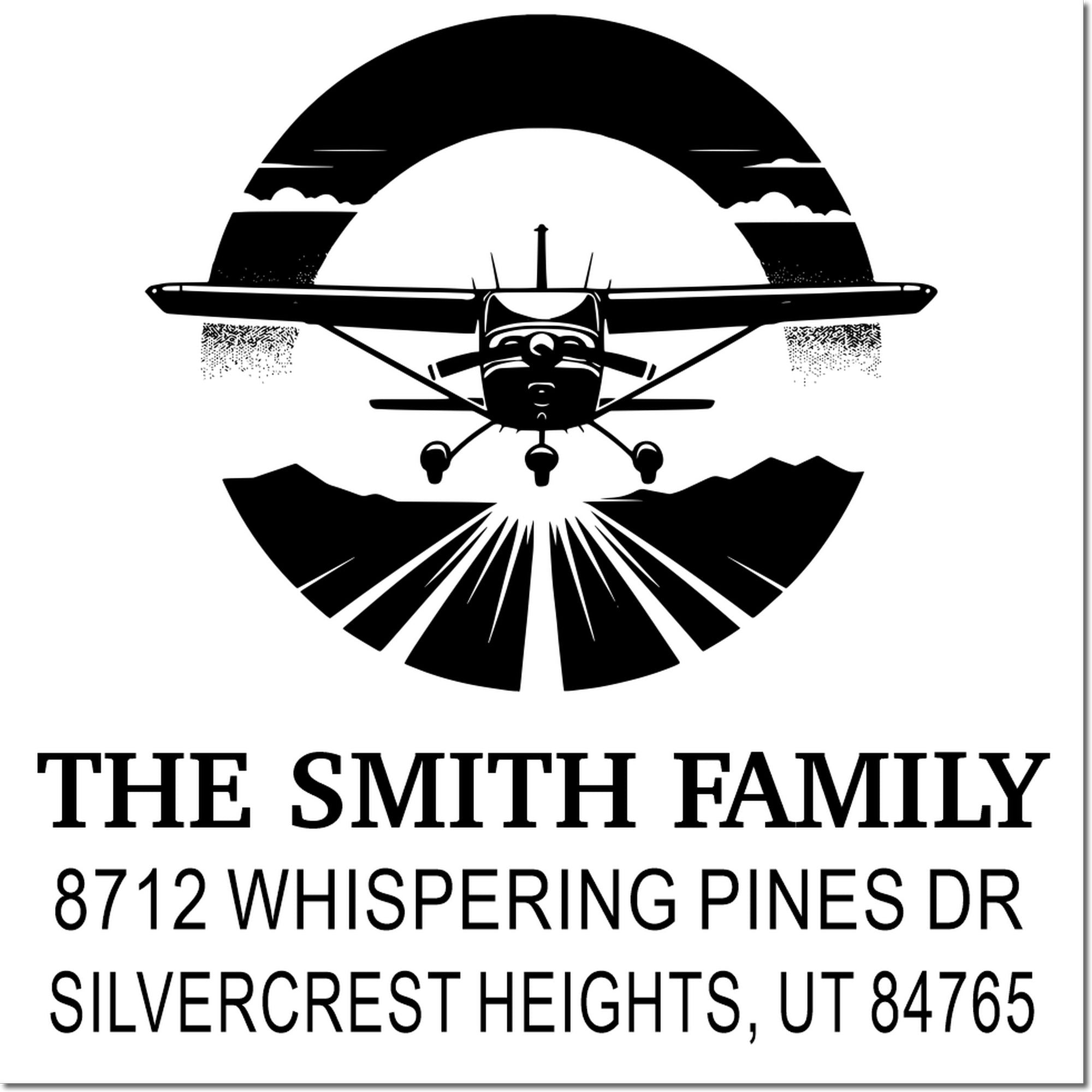 Custom return address stamp with airplane logo, The Smith Family, and Silvercrest Heights, UT address on a white background.