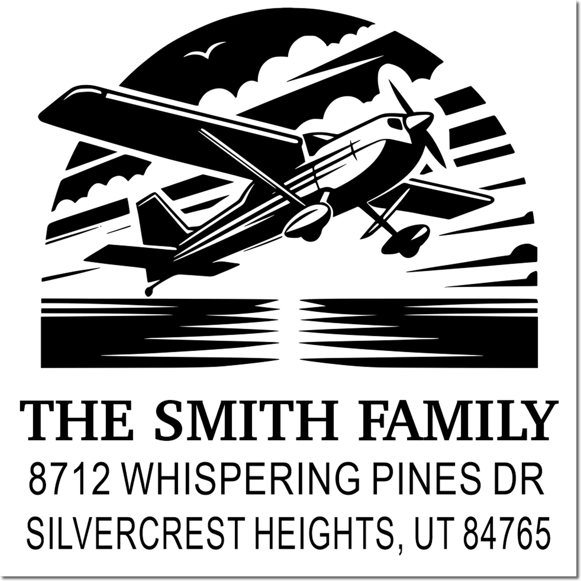 Custom return address stamp with airplane silhouette over mountains and lake, featuring The Smith Family, 8712 Whispering Pines Dr, Silvercrest Heights, UT.