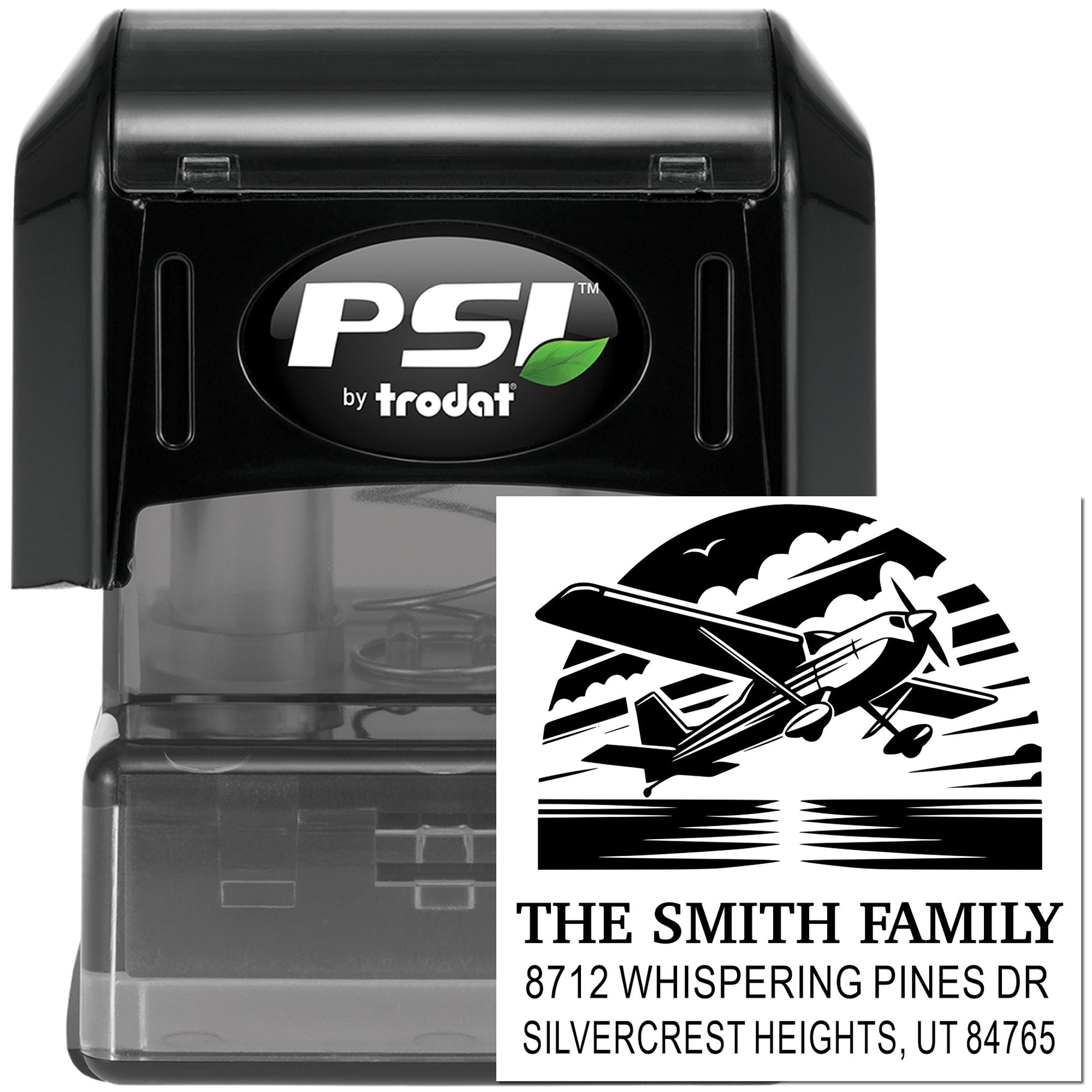 PSI by Trodat self-inking stamp with custom airplane address imprint for The Smith Family, shown on a white background.