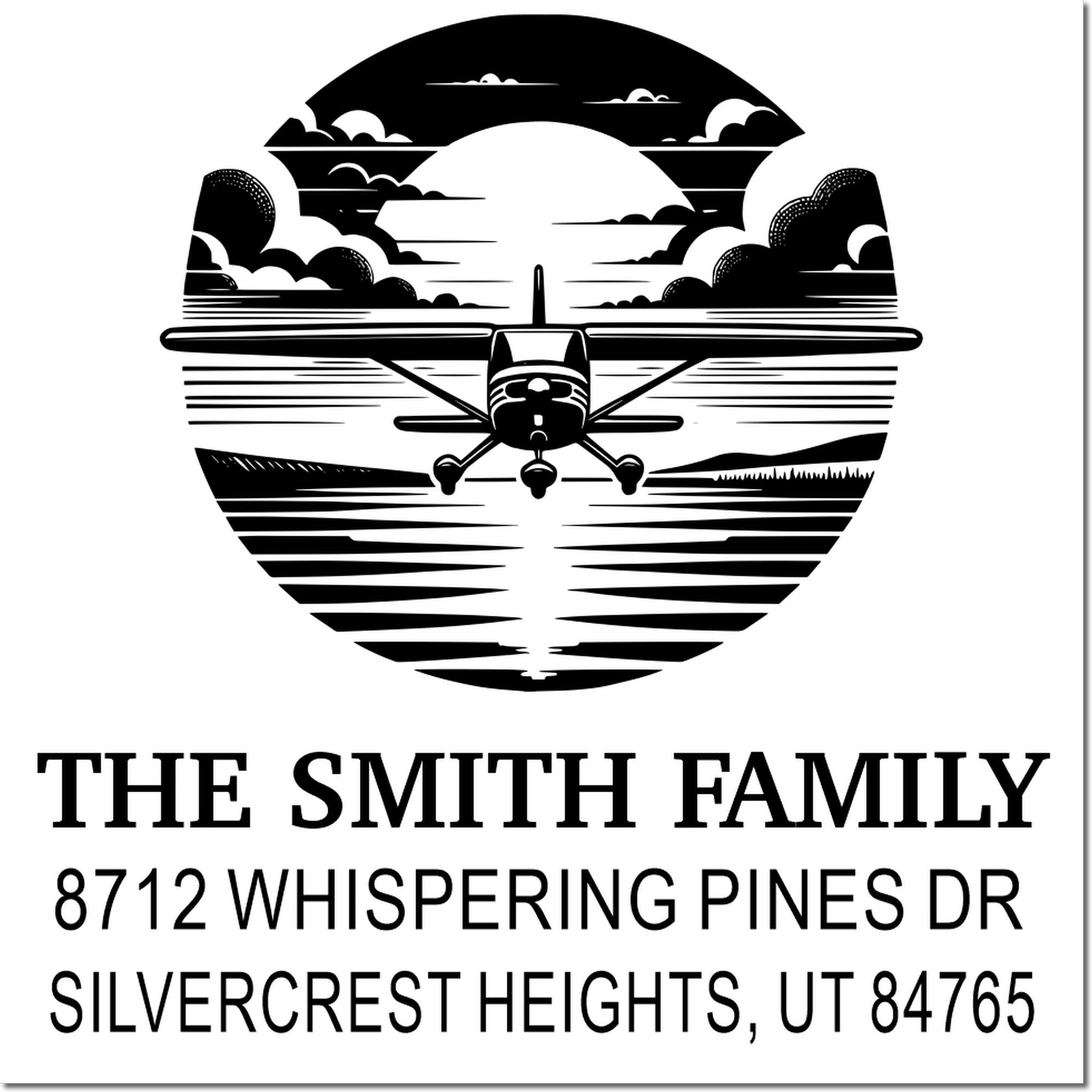 Custom return address stamp for The Smith Family with airplane heart silhouette, clouds and landscape, Silvercrest Heights, UT.