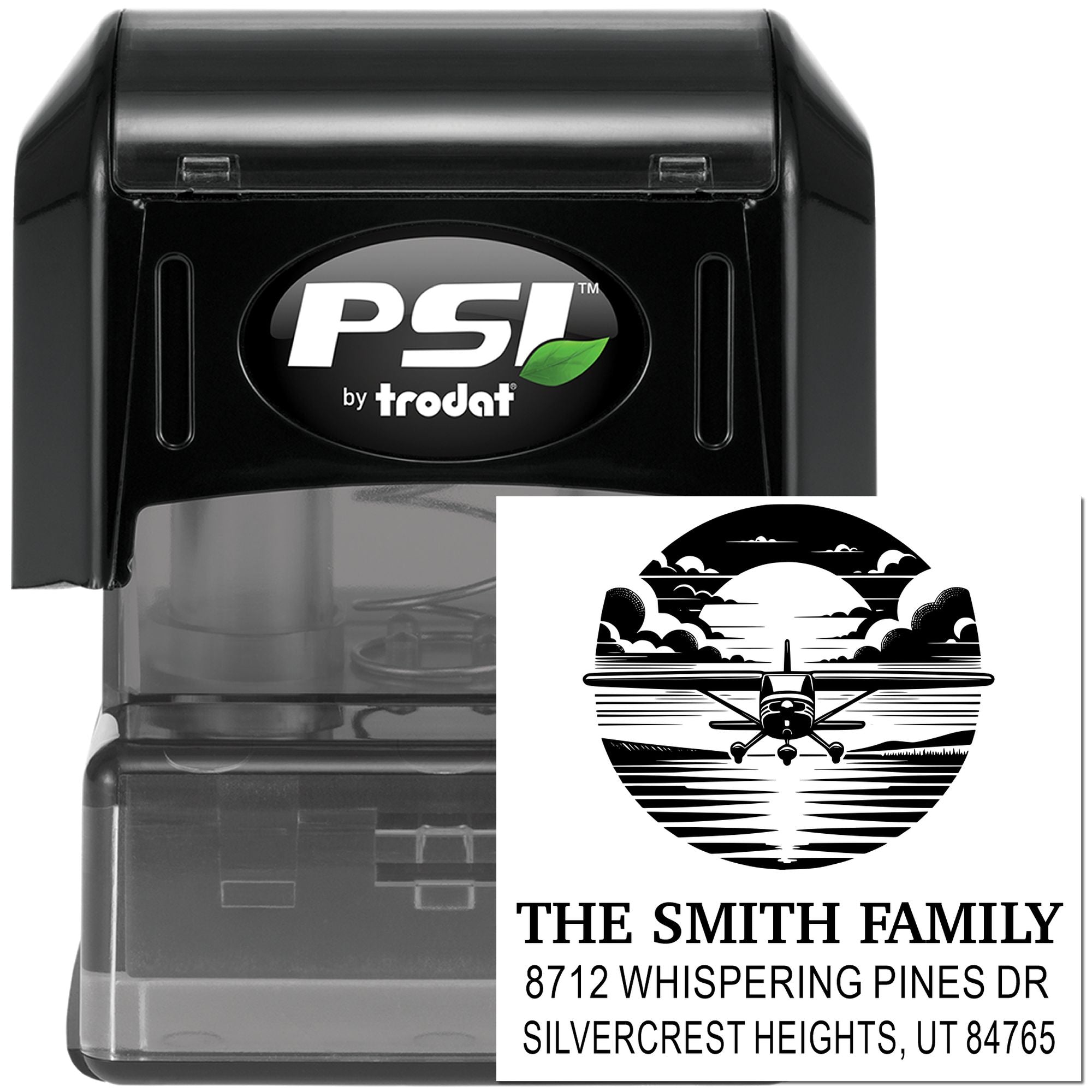PSI by Trodat self-inking custom address stamp with airplane design, featuring Smith Family return address, shown in black stamp case on white background.