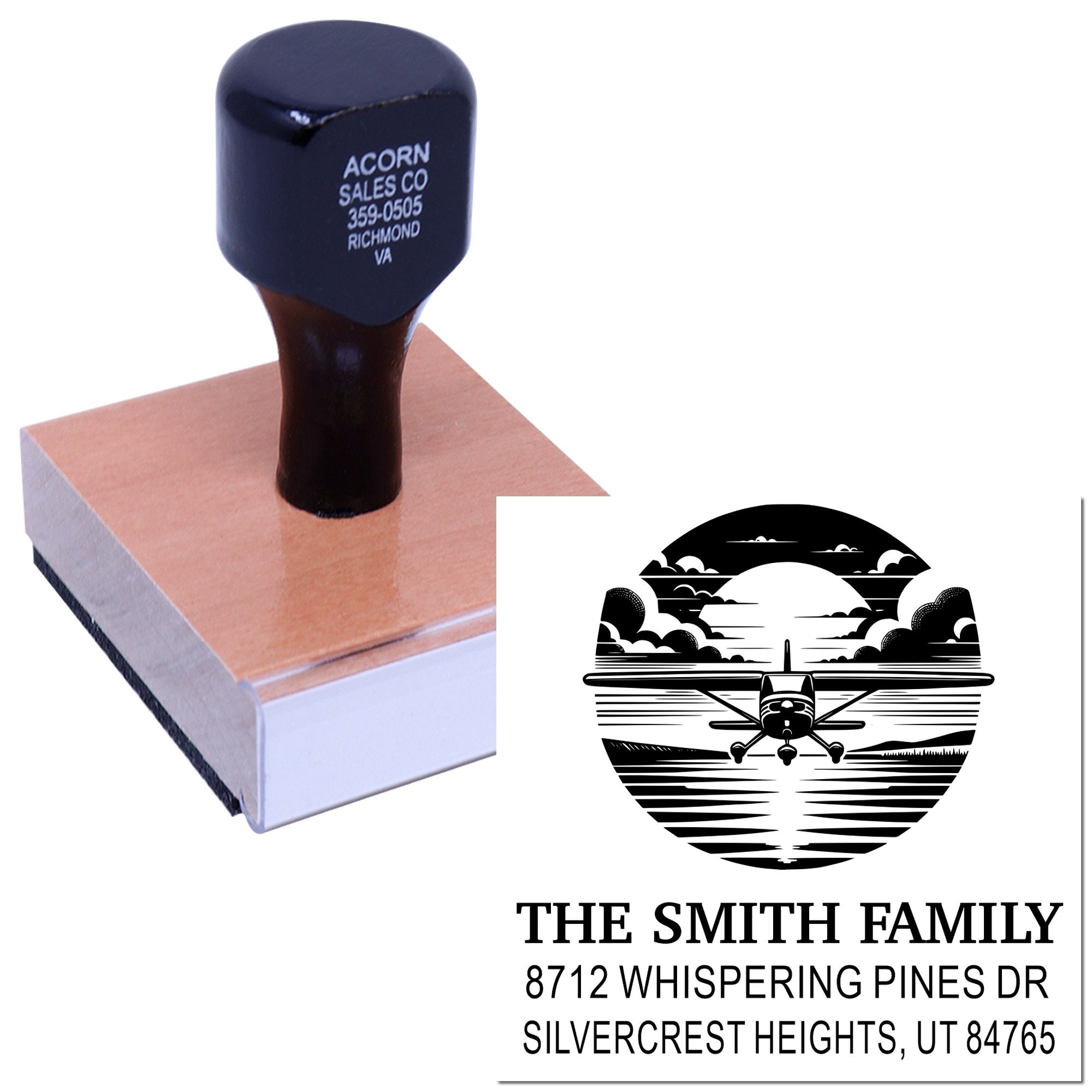 Custom address rubber stamp with airplane logo on wooden base, imprinting The Smith Family return address for Silvercrest Heights, UT.