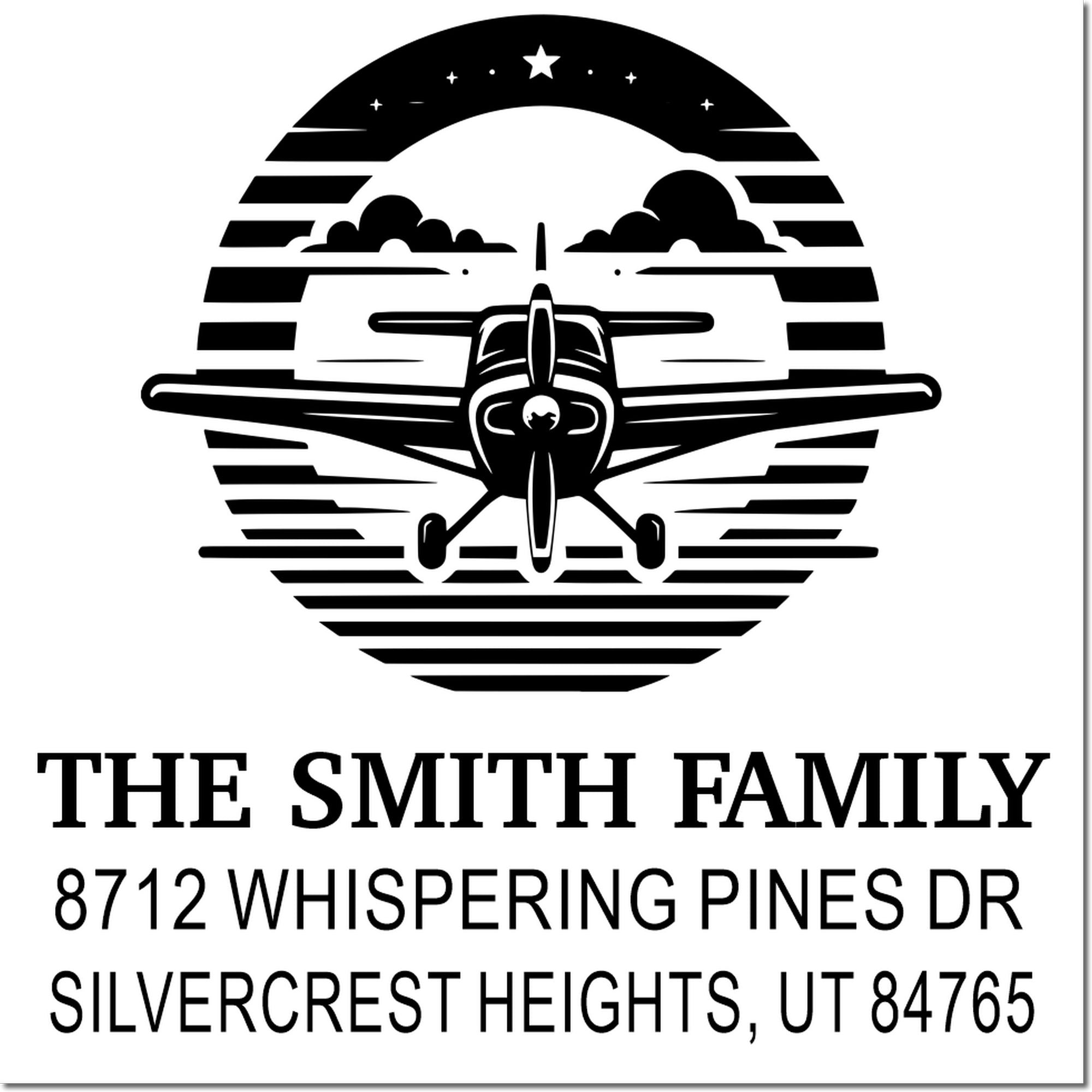 Custom family address stamp with vintage airplane silhouette, stars and stripes, reading The Smith Family, 8712 Whispering Pines Dr, Silvercrest Heights, UT 84765.