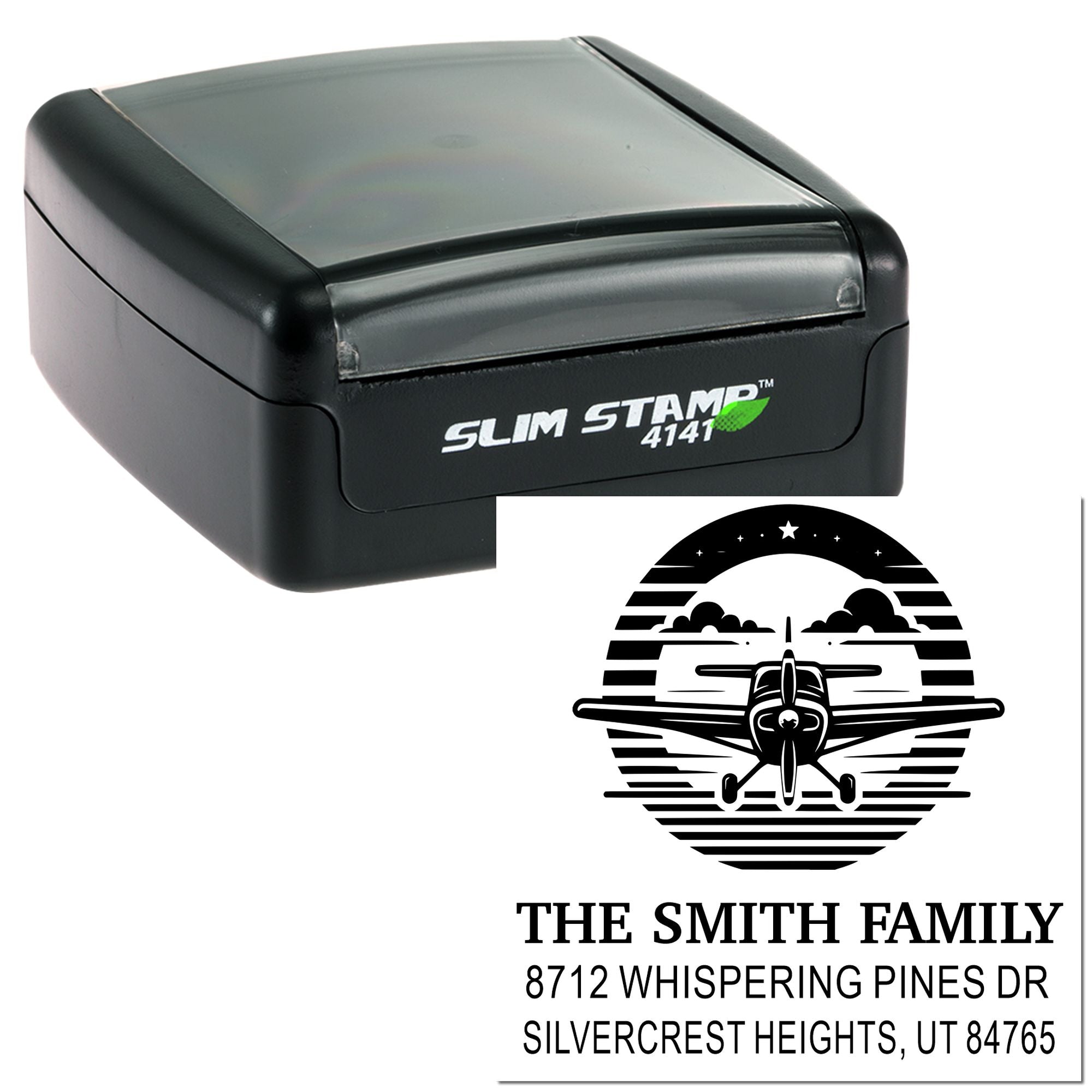 Custom self-inking slim stamp with airplane logo, The Smith Family address design, and black stamp case on a white background.