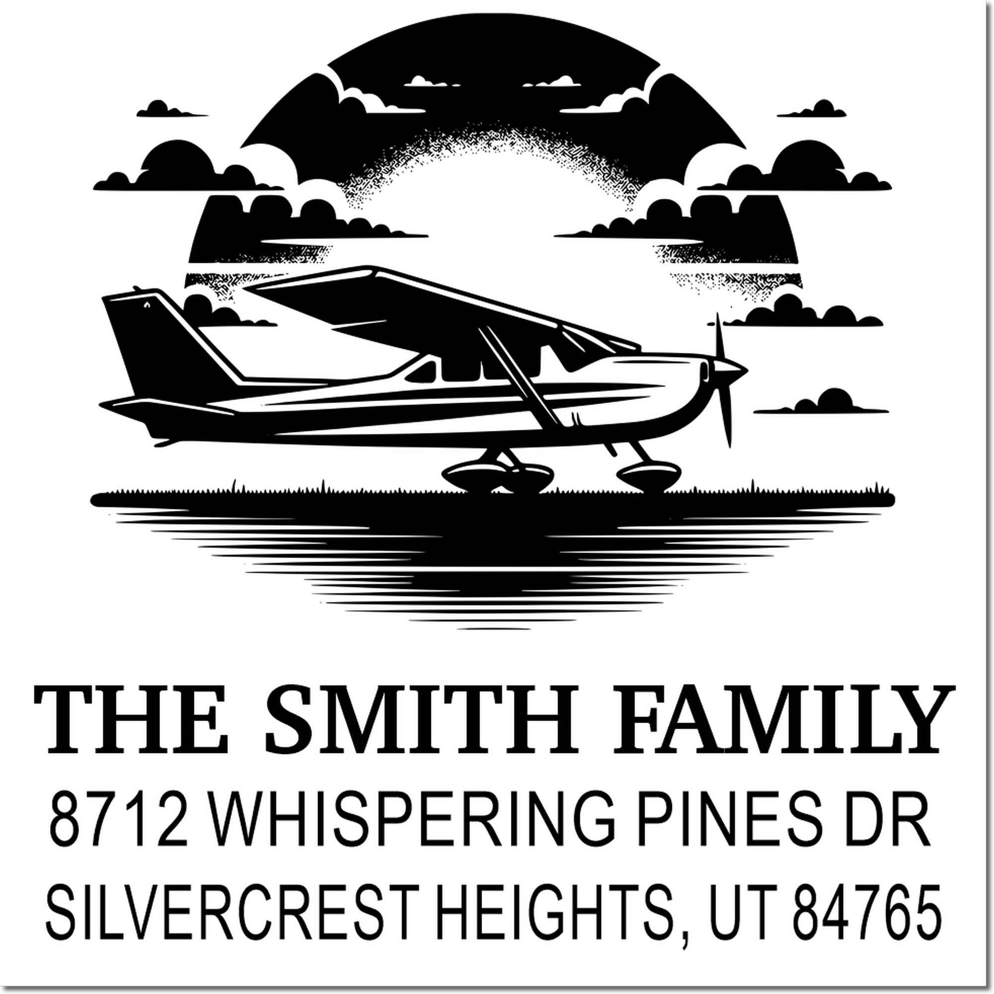 Custom return address stamp featuring a small airplane silhouette over clouds and water, with The Smith Family and Silvercrest Heights, UT address.