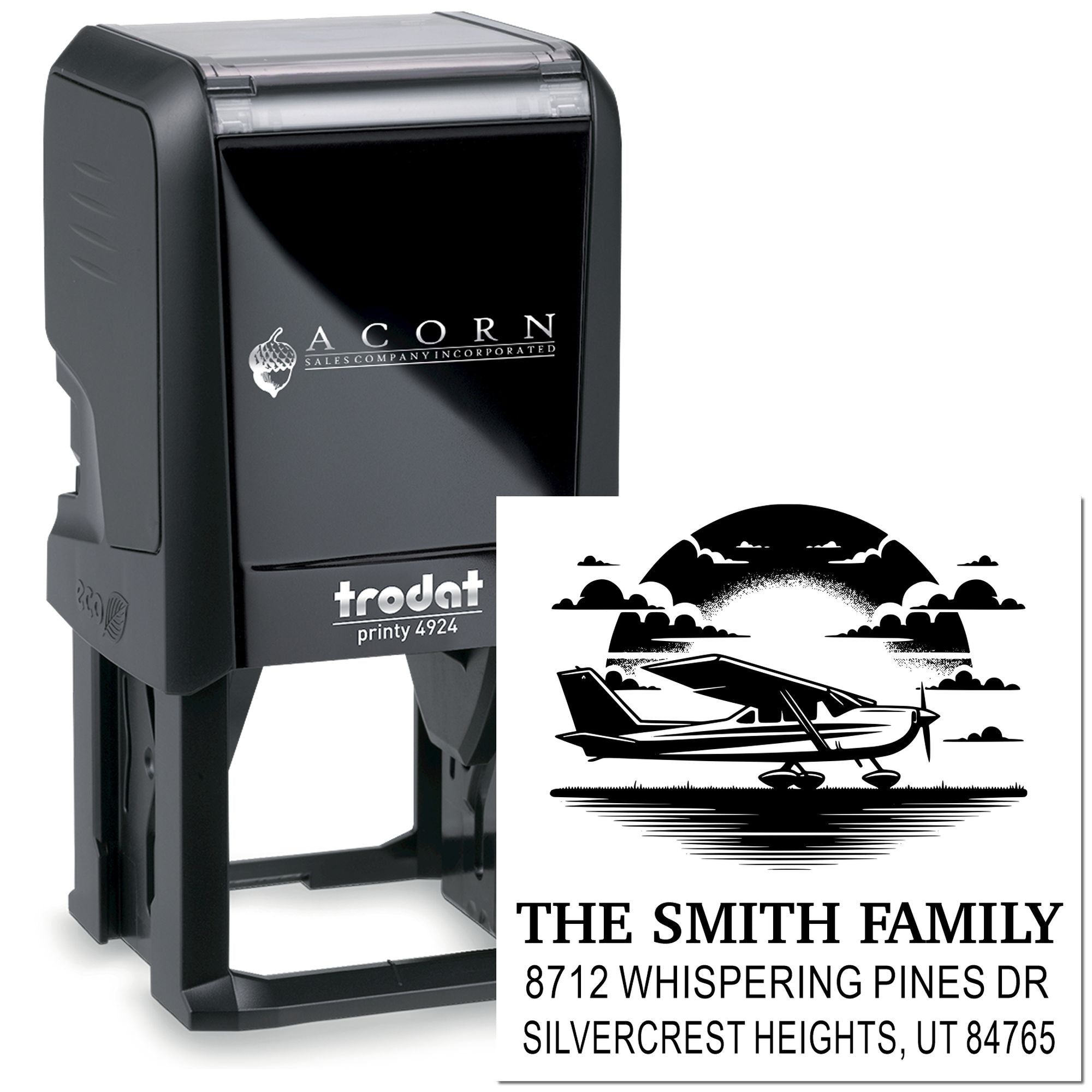 Custom self-inking Trodat address stamp with airplane design, The Smith Family name, and Whispering Pines Dr, Silvercrest Heights, UT.
