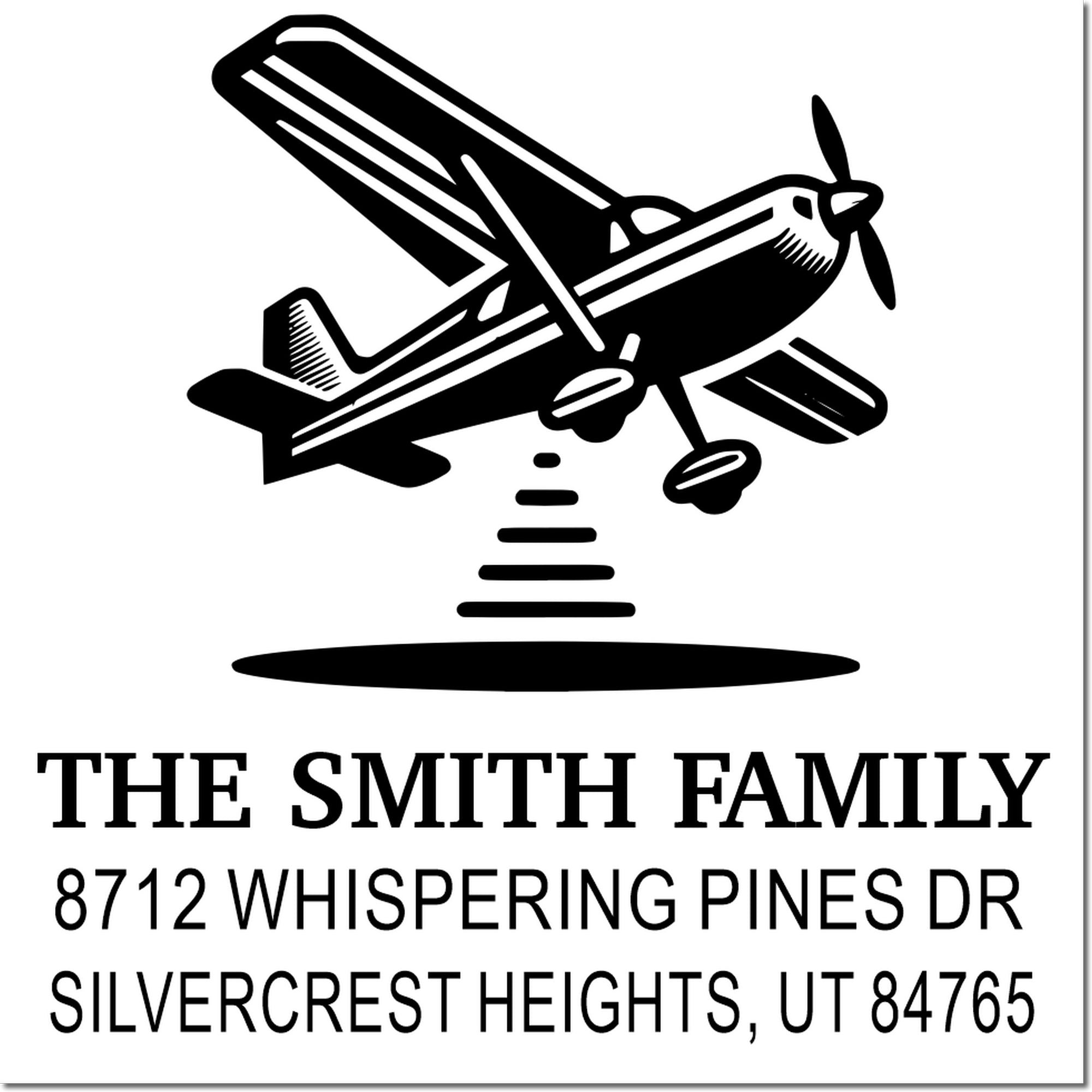 Personalized family address stamp with airplane silhouette, featuring THE SMITH FAMILY and Silvercrest Heights, UT address.