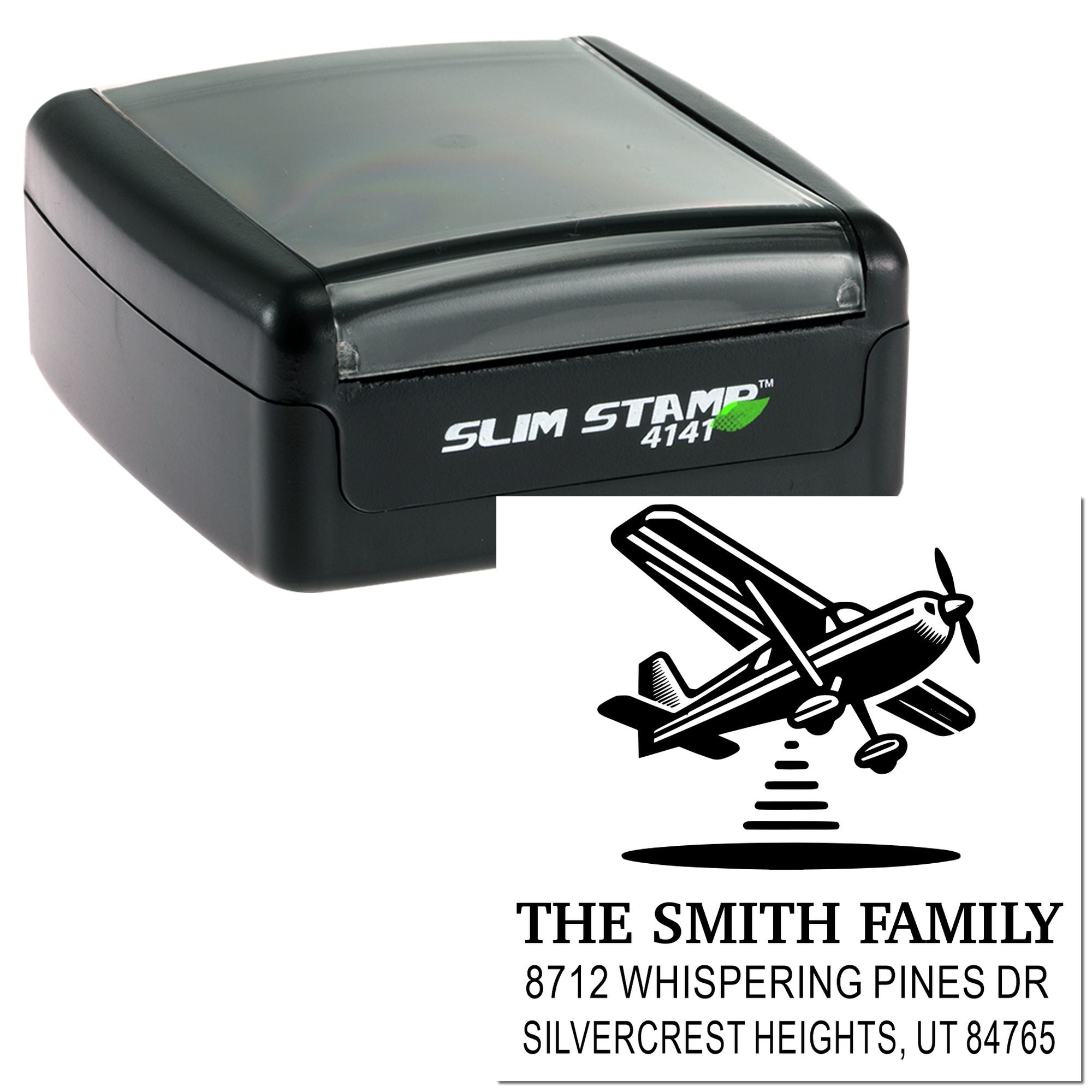 Slim Stamp 4141 self-inking address stamp on white background with airplane logo and The Smith Family return address imprint.