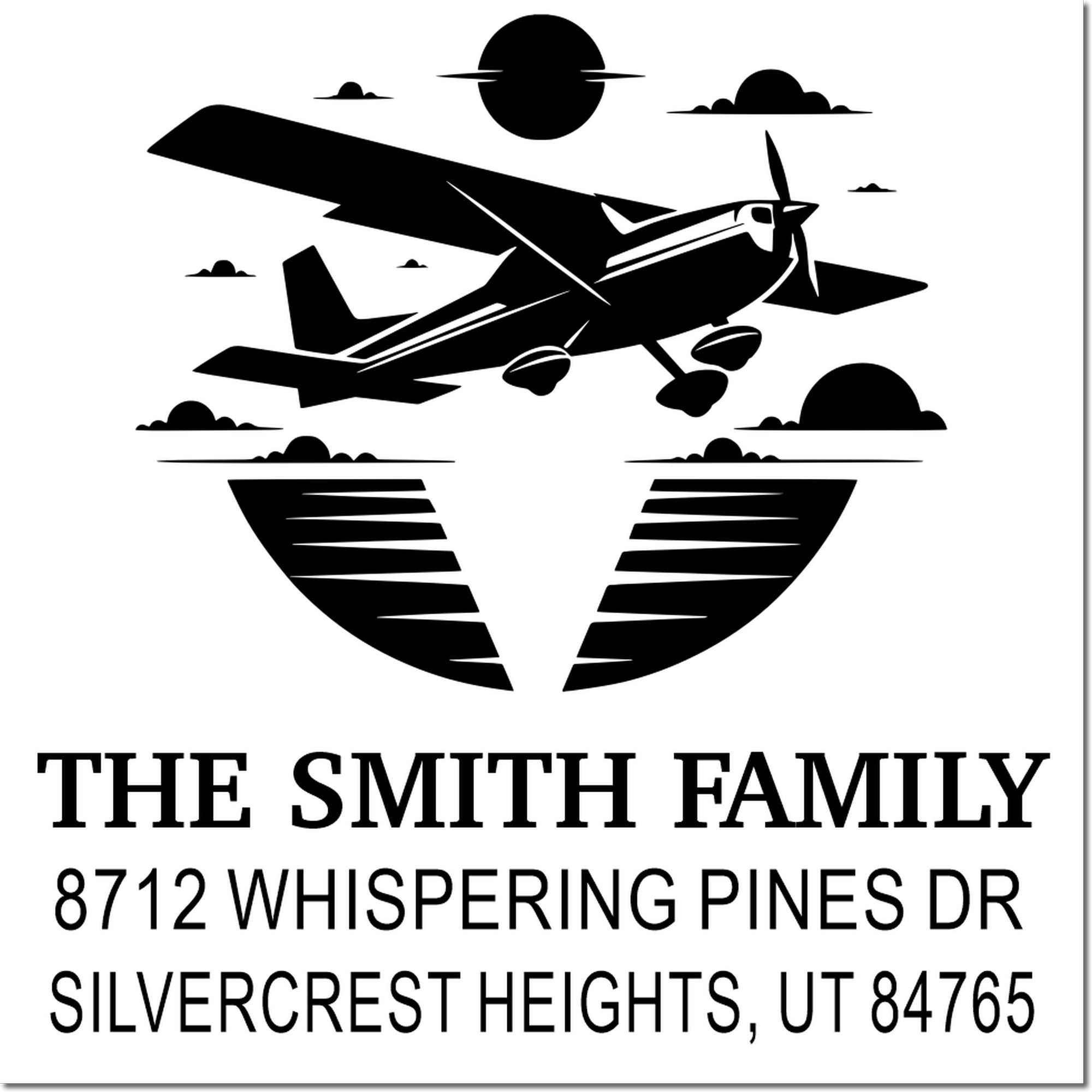 Custom return address stamp with airplane silhouette, clouds and sun, reading The Smith Family, 8712 Whispering Pines Dr, Silvercrest Heights, UT 84765