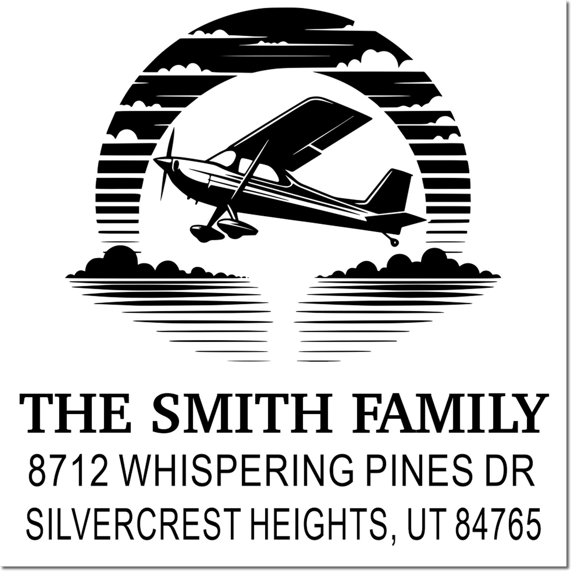 Custom family address stamp with airplane silhouette over sunset clouds, featuring The Smith Family and Silvercrest Heights, UT address.
