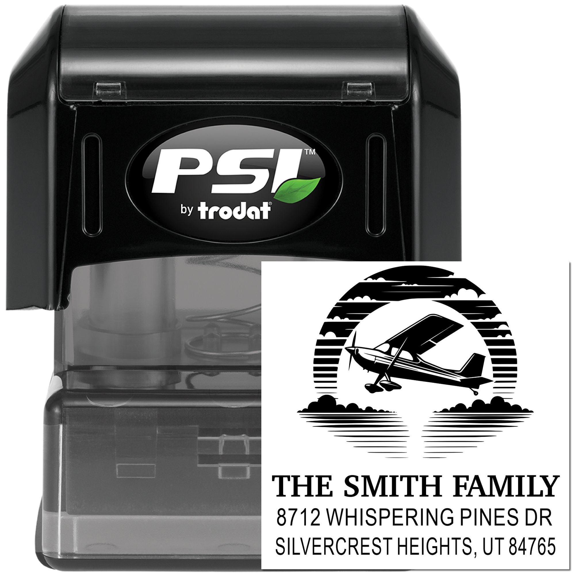 PSI by Trodat self-inking custom address stamp with airplane logo and The Smith Family return address imprint.
