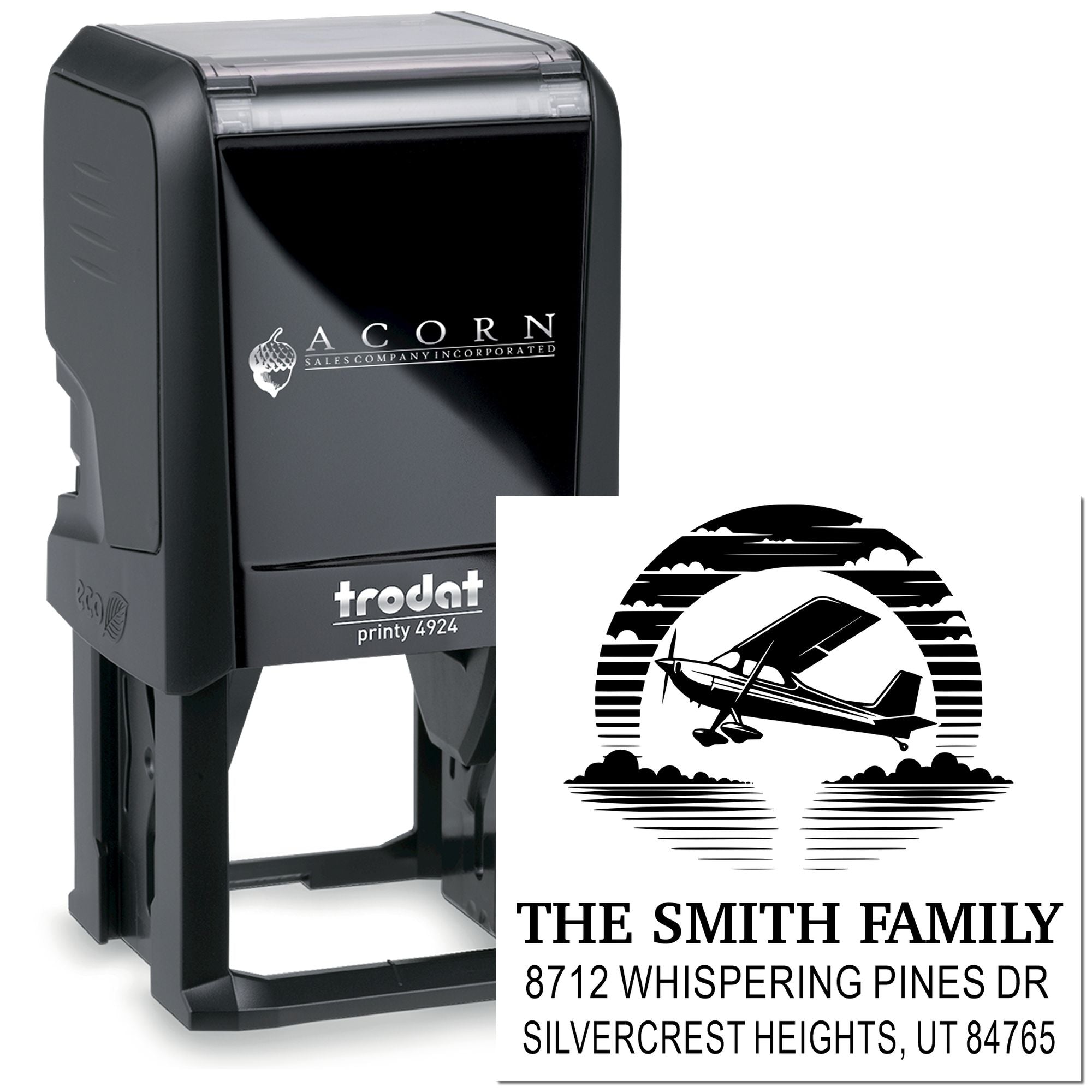 Custom self-inking Trodat Printy 4924 stamp with airplane design for The Smith Family address label on white background