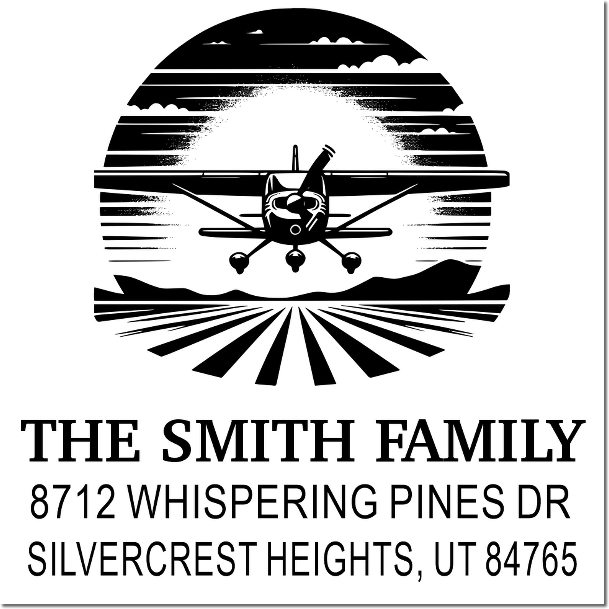 Personalized family address stamp with airplane over sunset landscape, The Smith Family, 8712 Whispering Pines Dr, Silvercrest Heights, UT 84765