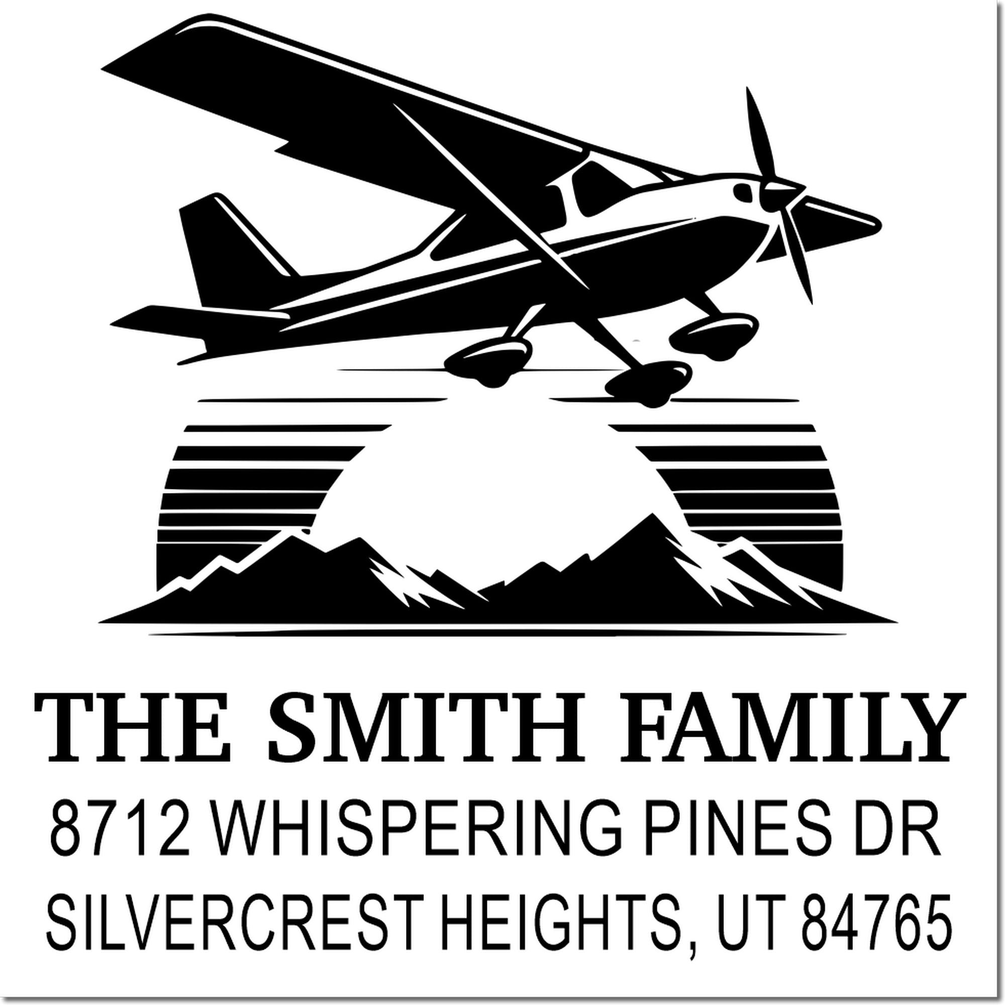 Custom return address stamp with airplane and mountain silhouette, reading The Smith Family, 8712 Whispering Pines Dr, Silvercrest Heights, UT 84765.