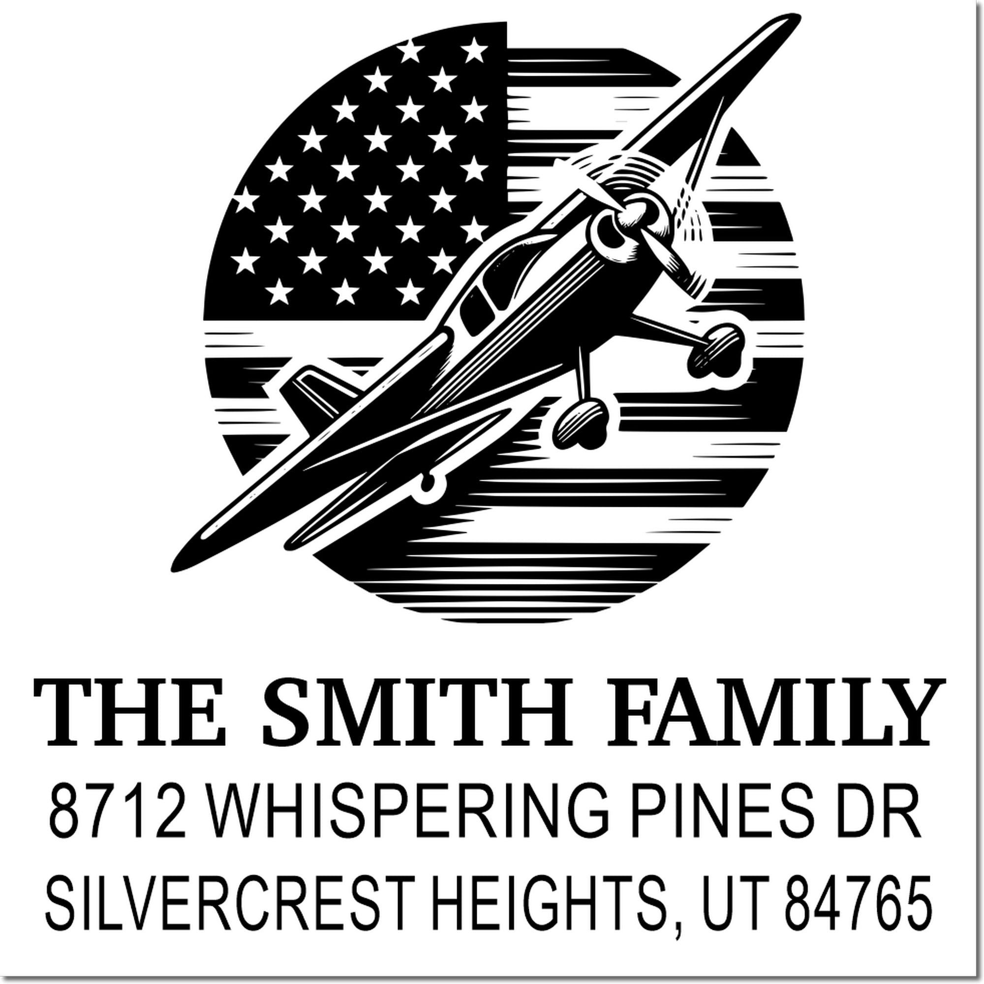 Custom address stamp with vintage airplane over an American flag, featuring The Smith Family return address in Silvercrest Heights, UT.