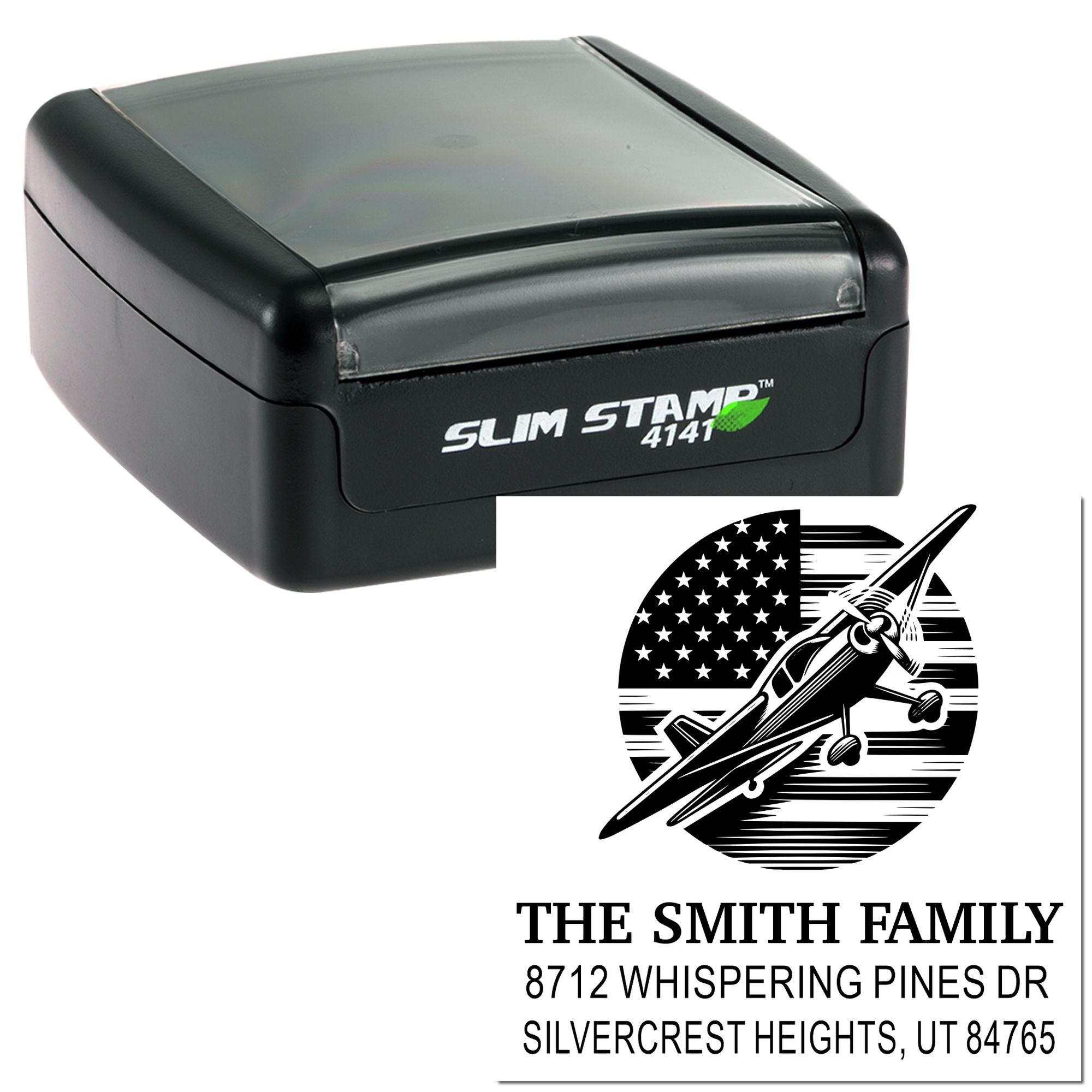 Slim self-inking custom address stamp with airplane and U.S. flag design for The Smith Family, shown on a white background.