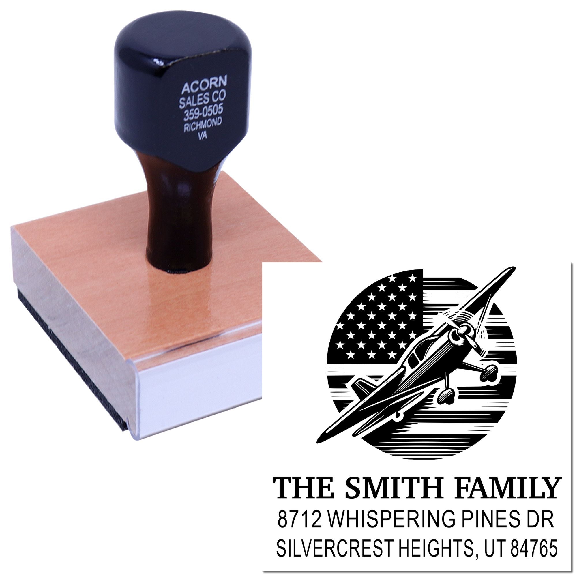 Custom rubber address stamp with airplane and U.S. flag design, showing The Smith Family return address imprint on a white background.
