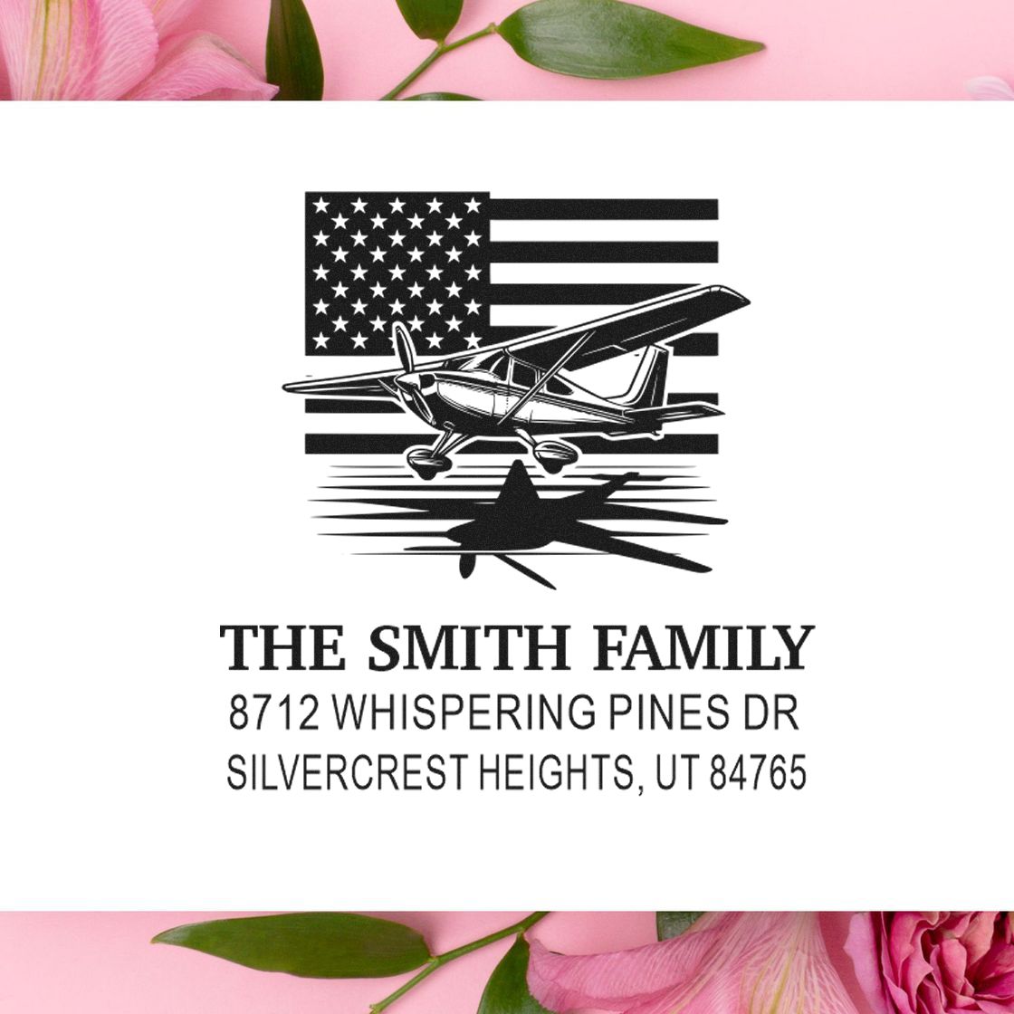 Custom address stamp with airplane and American flag design for The Smith Family, featuring Silvercrest Heights, UT address.