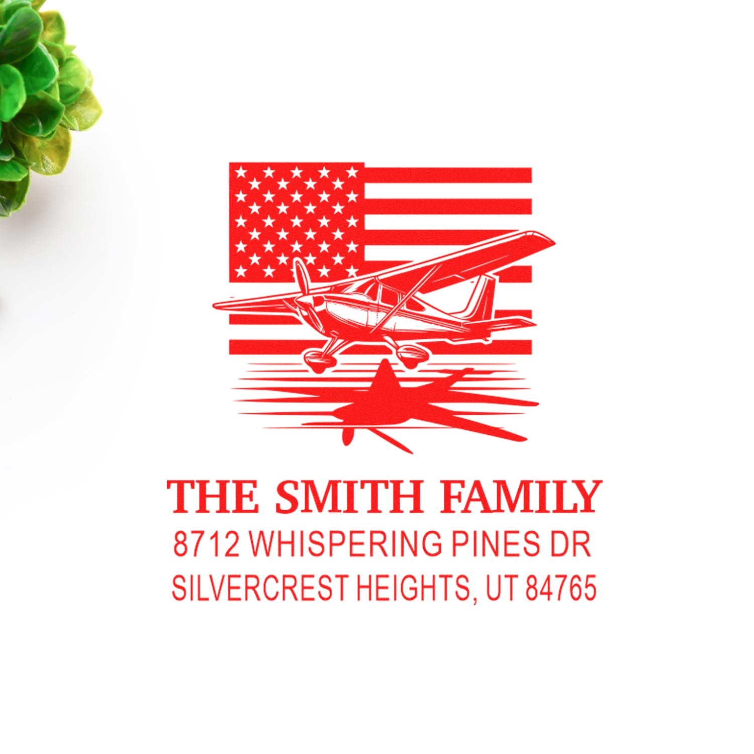 Custom red family address stamp with American flag and airplane design, reading The Smith Family, Whispering Pines Dr, Silvercrest Heights, UT.