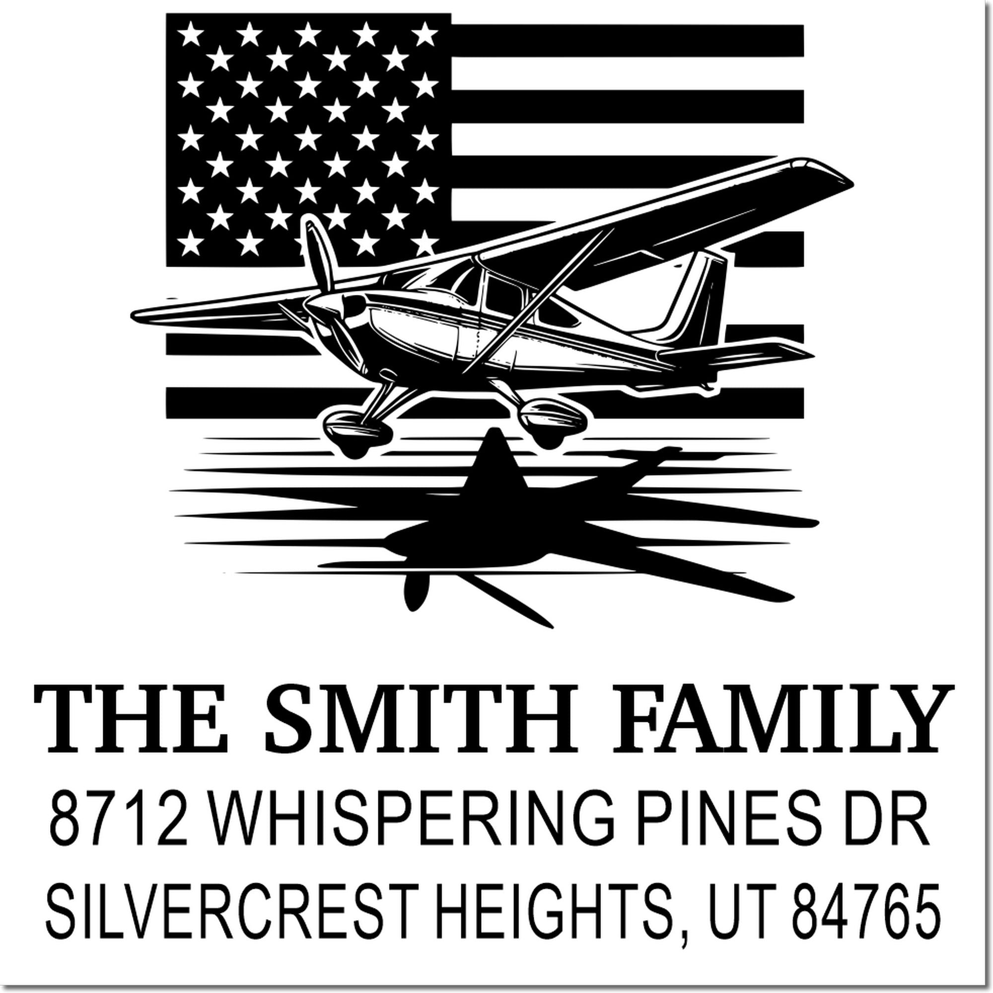 Custom family address stamp with American flag and airplane design for The Smith Family, 8712 Whispering Pines Dr, Silvercrest Heights, UT.