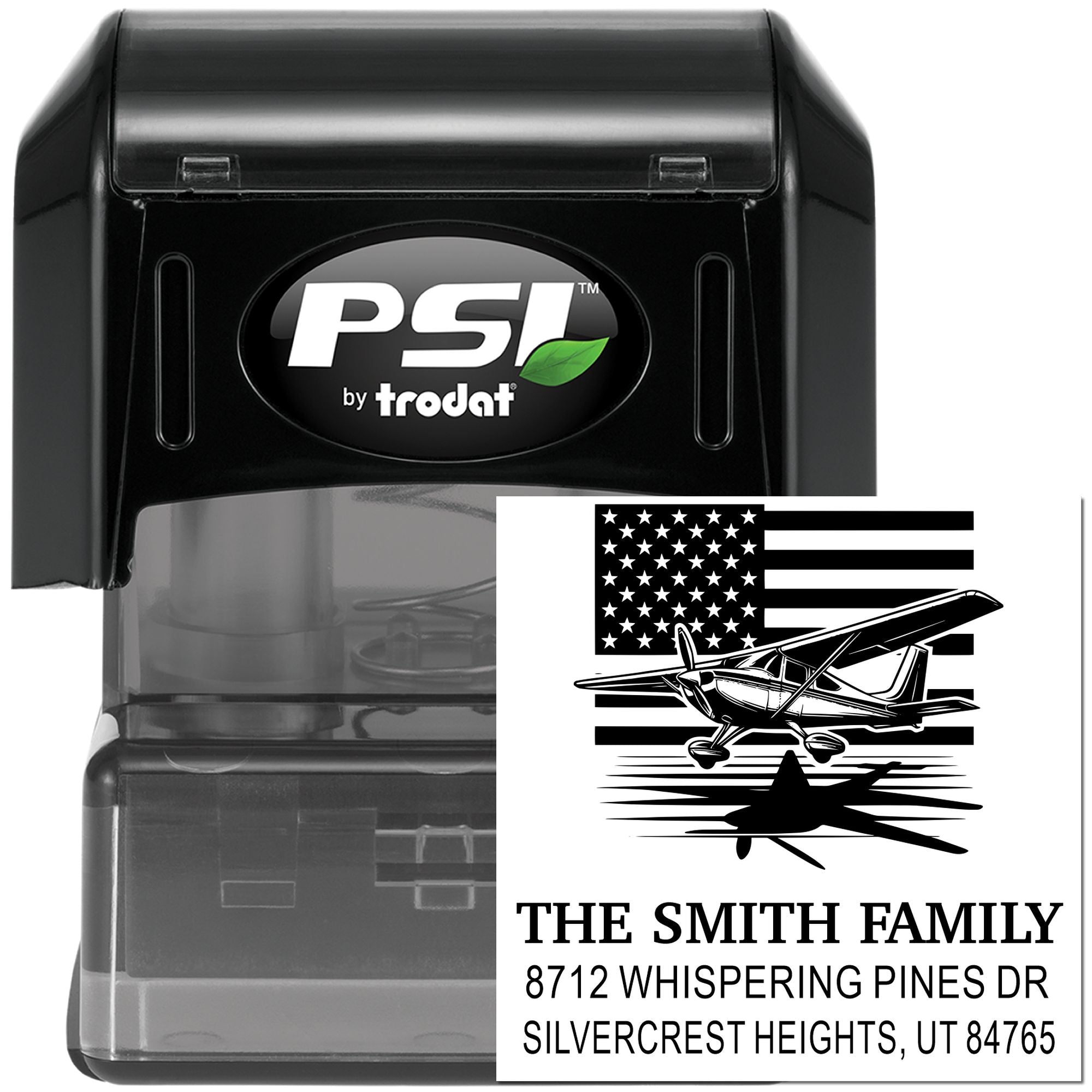 Self-inking PSI by Trodat custom address stamp with airplane and American flag design, featuring The Smith Family name and Silvercrest Heights, UT address.