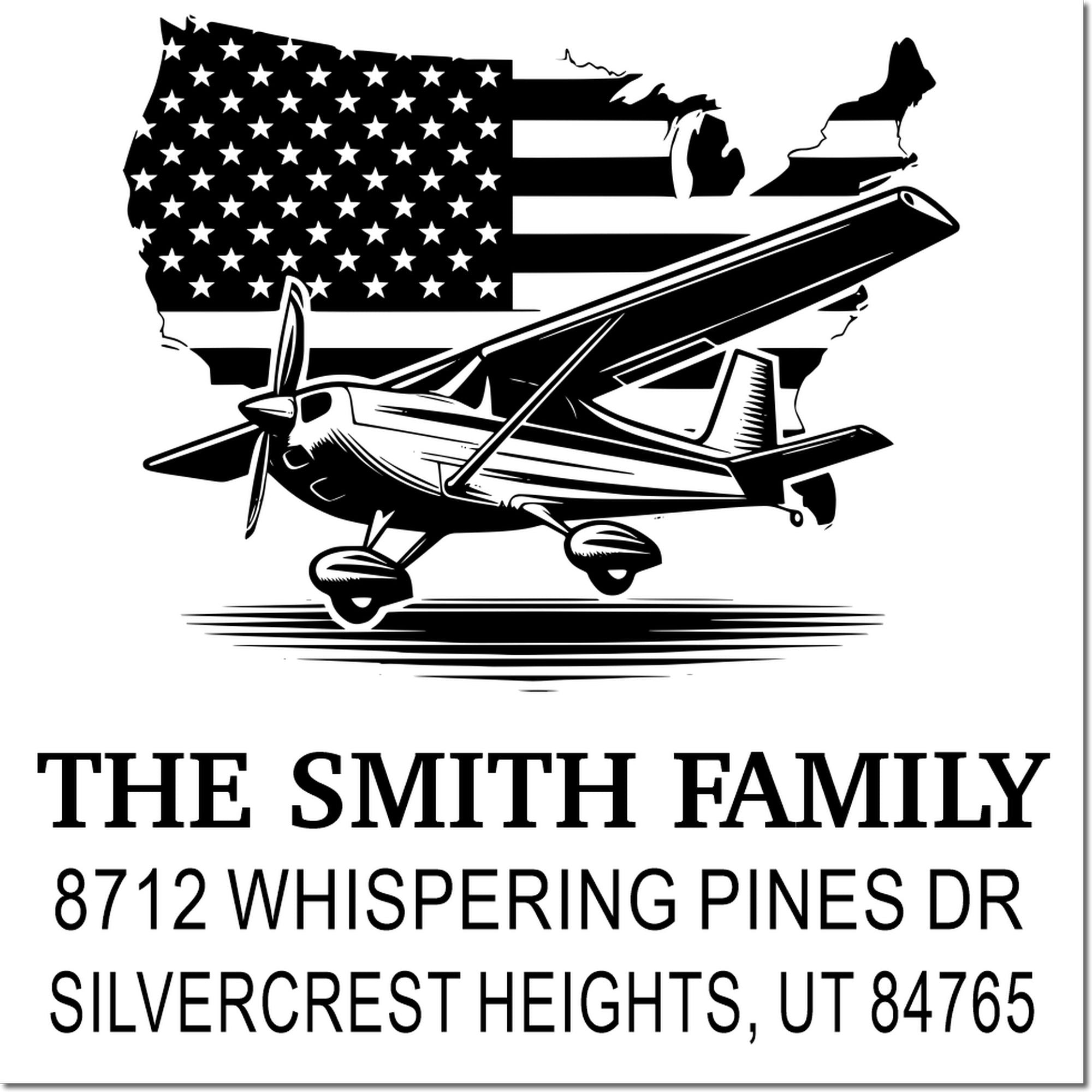 Custom address stamp with U.S. map, American flag, and airplane graphic for The Smith Family, 8712 Whispering Pines Dr, Silvercrest Heights, UT 84765.