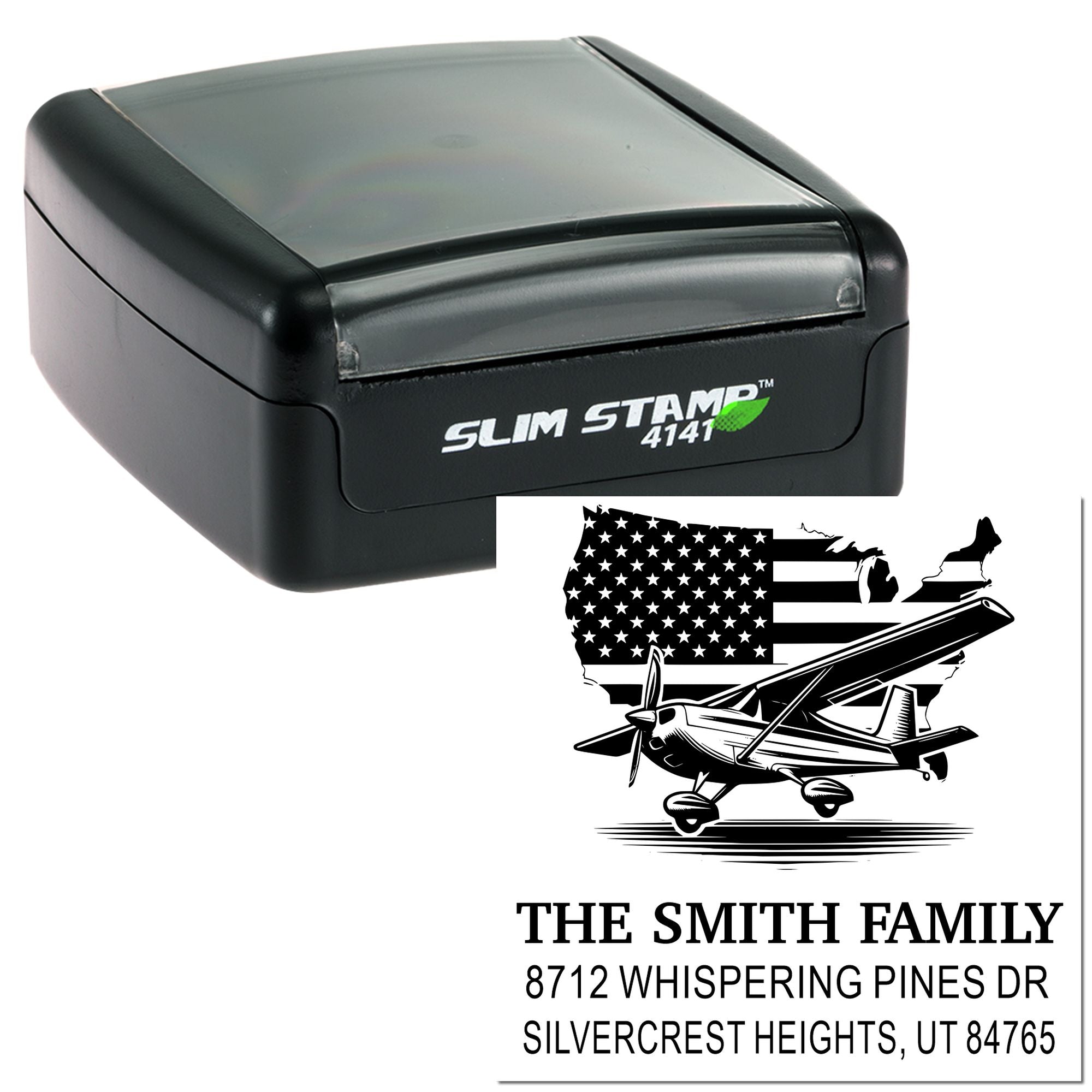 Custom self-inking address stamp with airplane and U.S. flag design, showing The Smith Family and Silvercrest Heights, UT return address.
