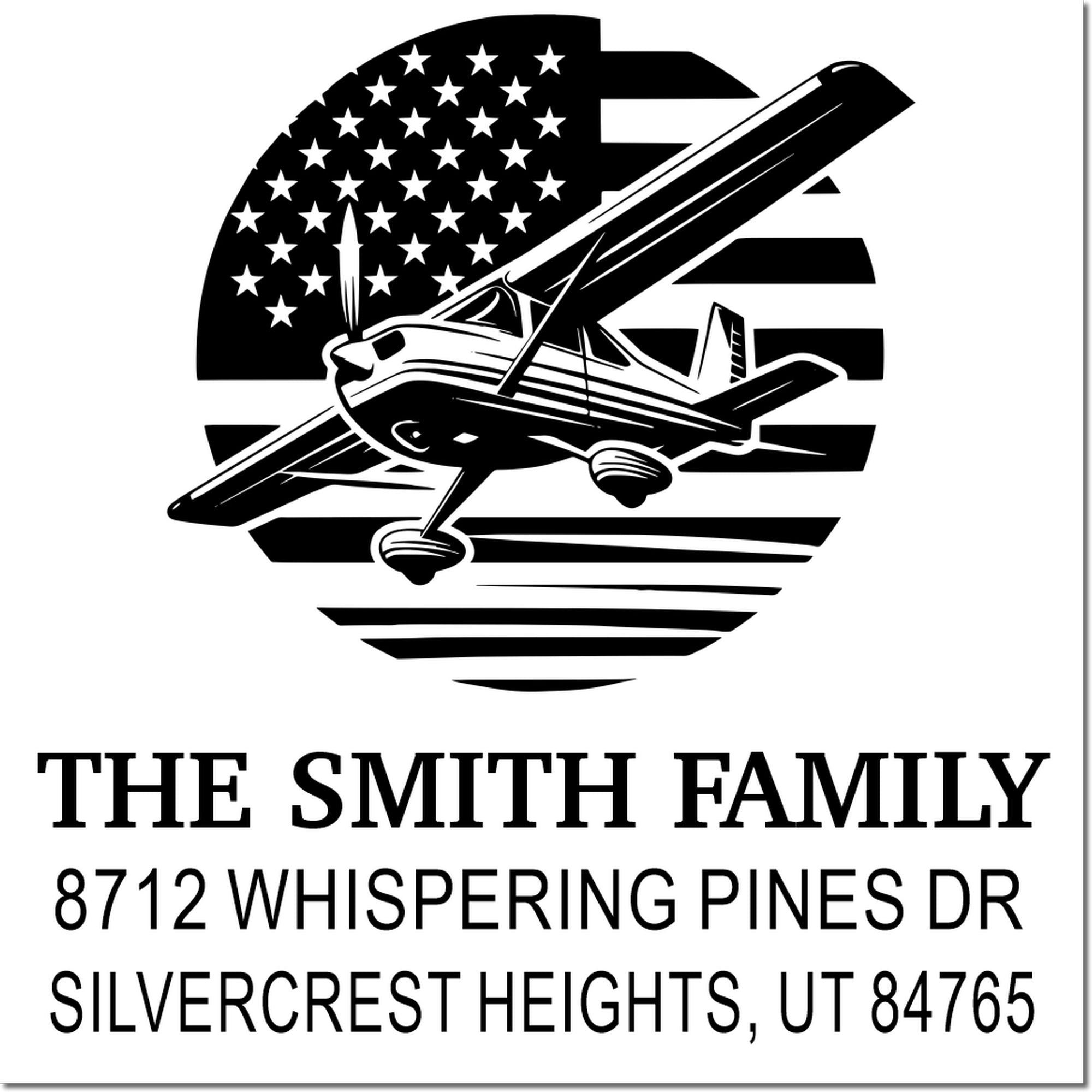 Custom family address stamp with airplane over American flag, featuring The Smith Family and Silvercrest Heights, Utah address.