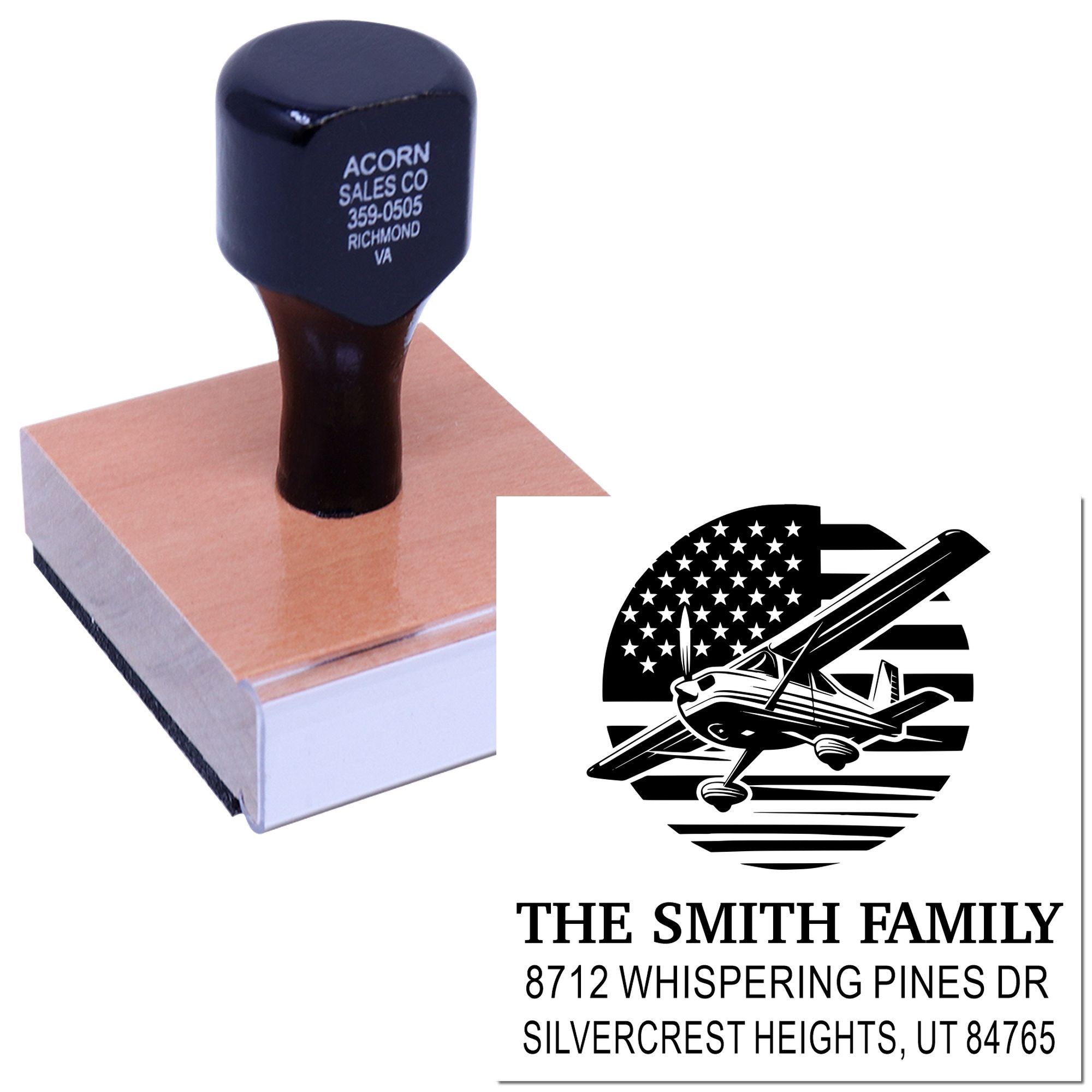 Custom rubber address stamp on wooden block, showing airplane family logo and Smith family address on a white background.