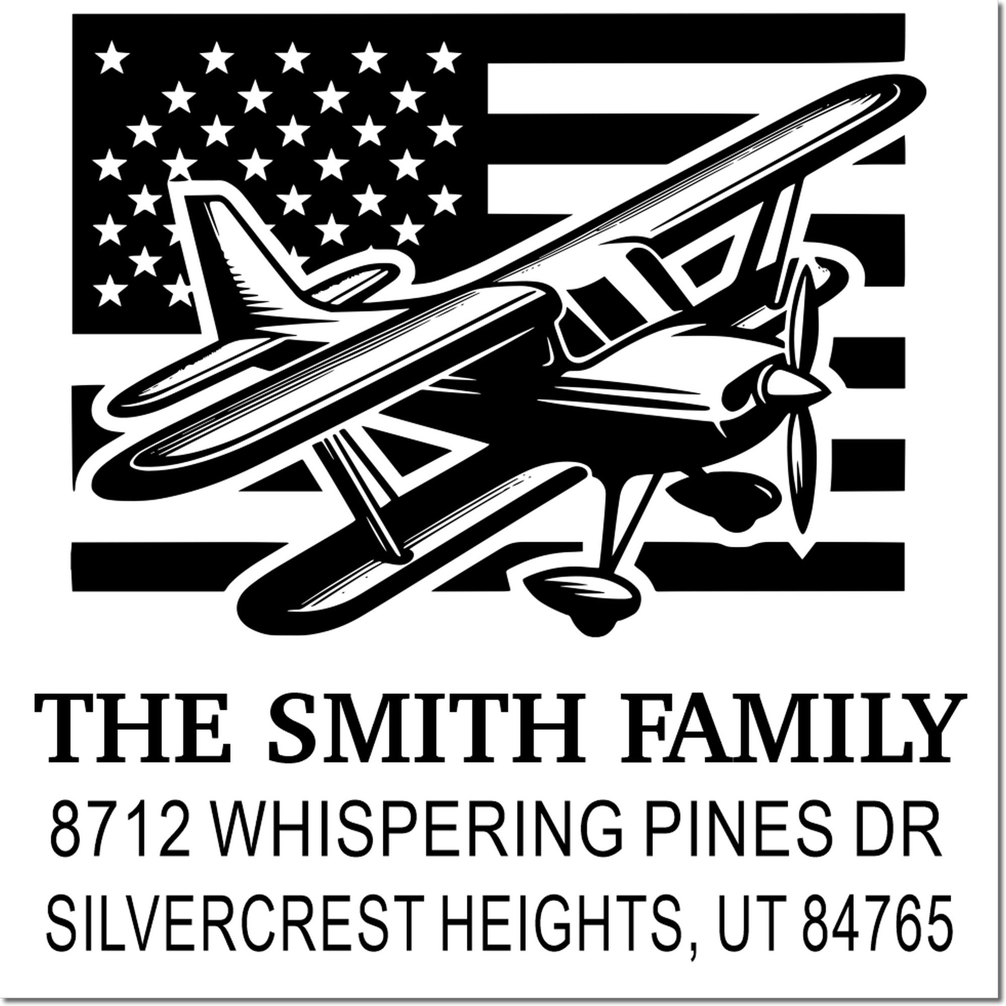 Custom return address stamp with vintage airplane over American flag, The Smith Family, 8712 Whispering Pines Dr, Silvercrest Heights, UT 84765