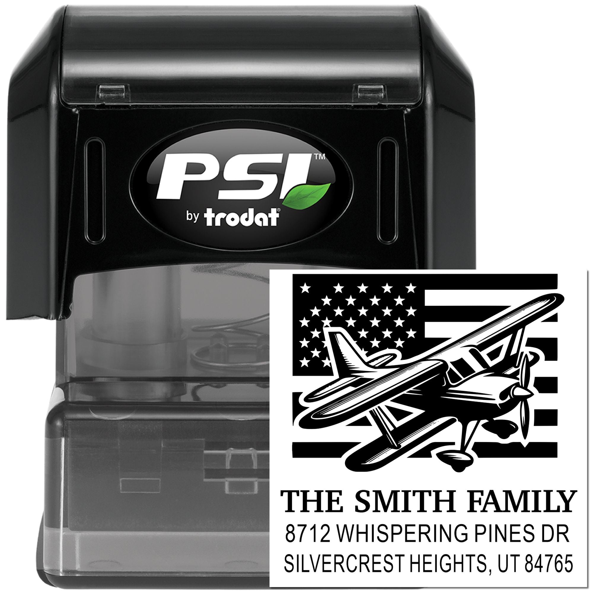 PSI by Trodat self-inking custom address stamp with airplane and U.S. flag design, featuring The Smith Family and Silvercrest Heights address.