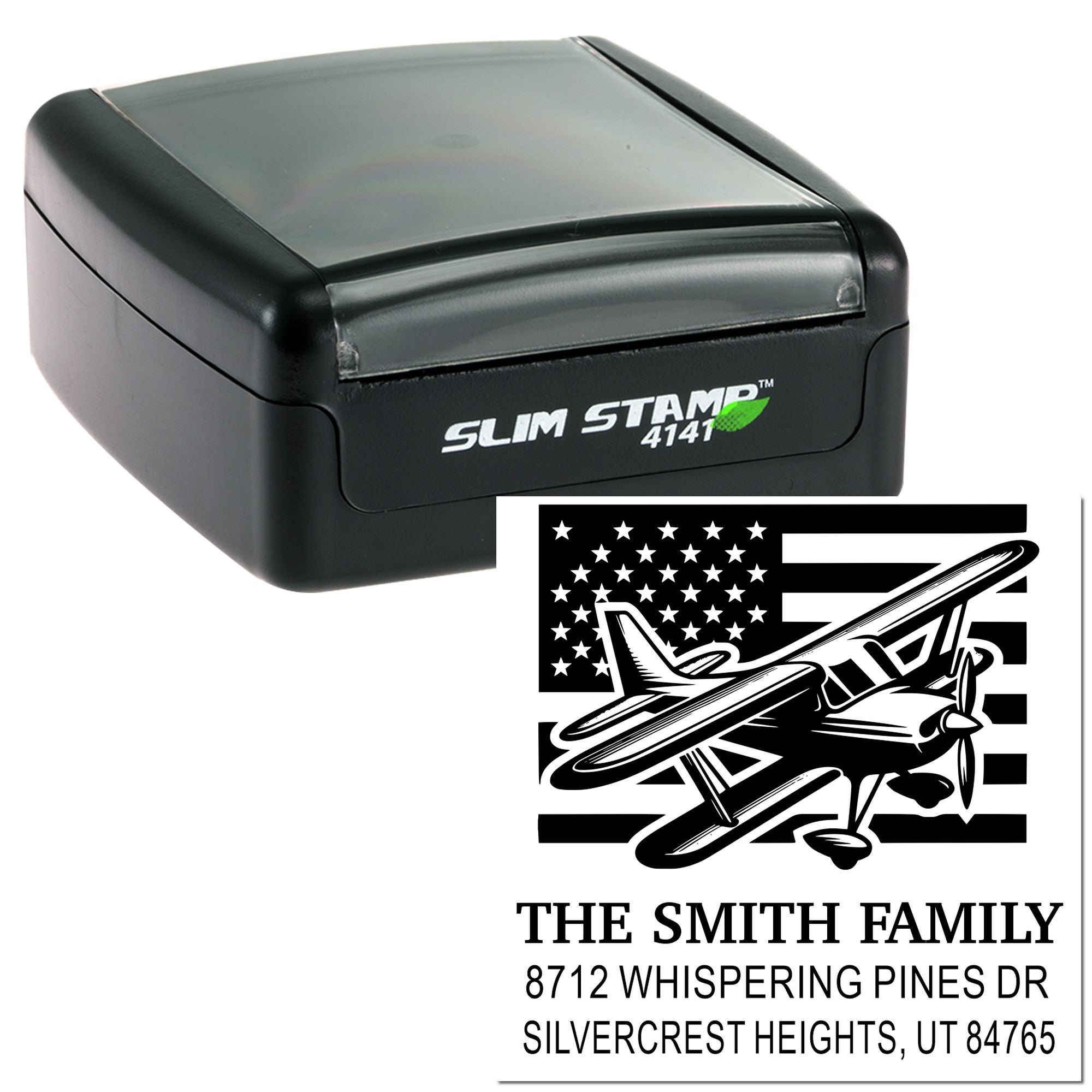 Slim self-inking custom address stamp with airplane over American flag design and The Smith Family return address.