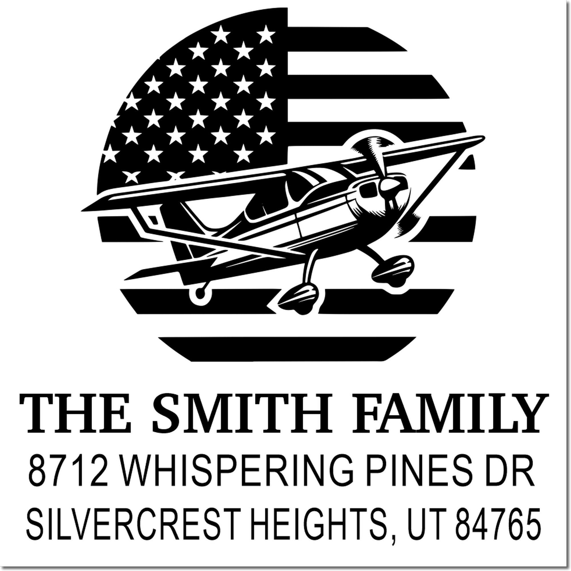 Custom family address stamp with patriotic airplane over American flag, The Smith Family, 8712 Whispering Pines Dr, Silvercrest Heights, UT 84765.